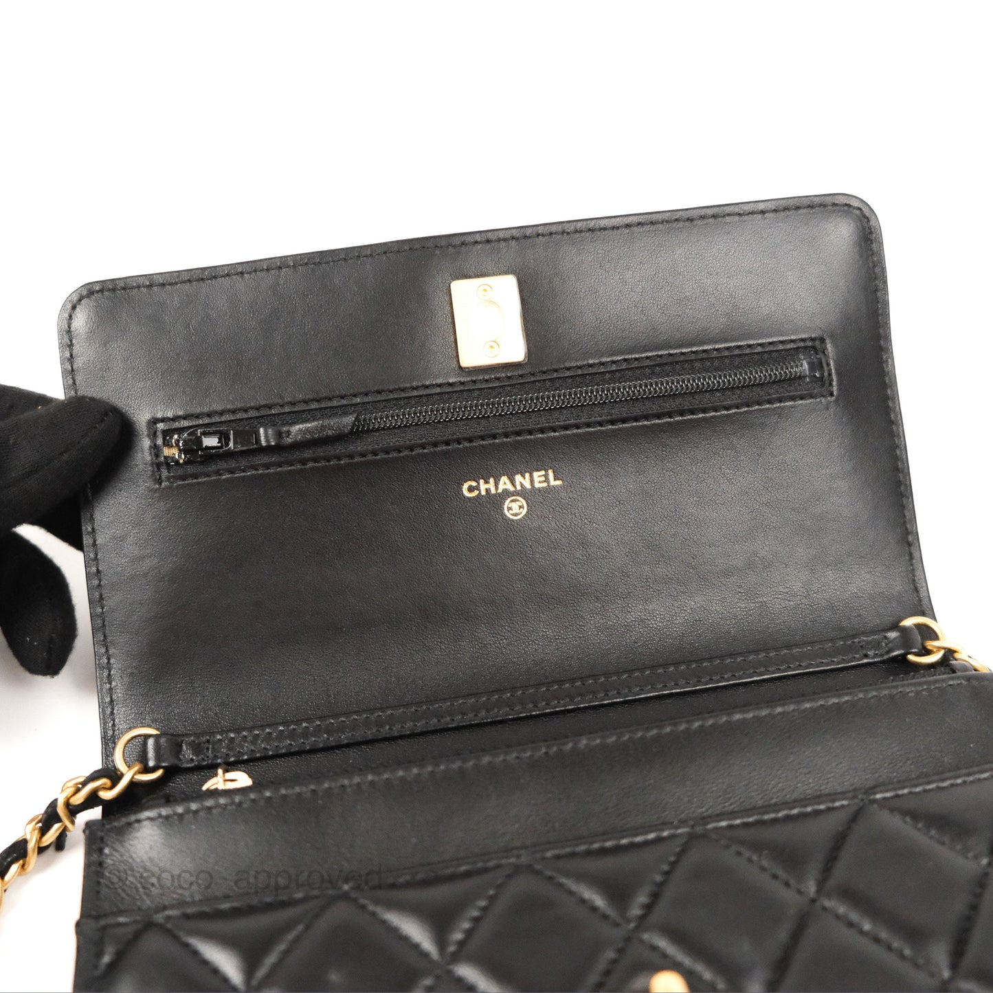 Chanel Quilted Pearl Crush Wallet on Chain WOC Black Lambskin Aged Gold Hardware