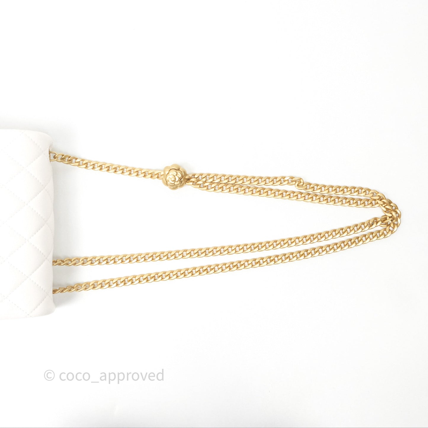 Chanel Quilted Mini Square Flap with Camellia Adjustable Chain White Lambskin Aged Gold Hardware
