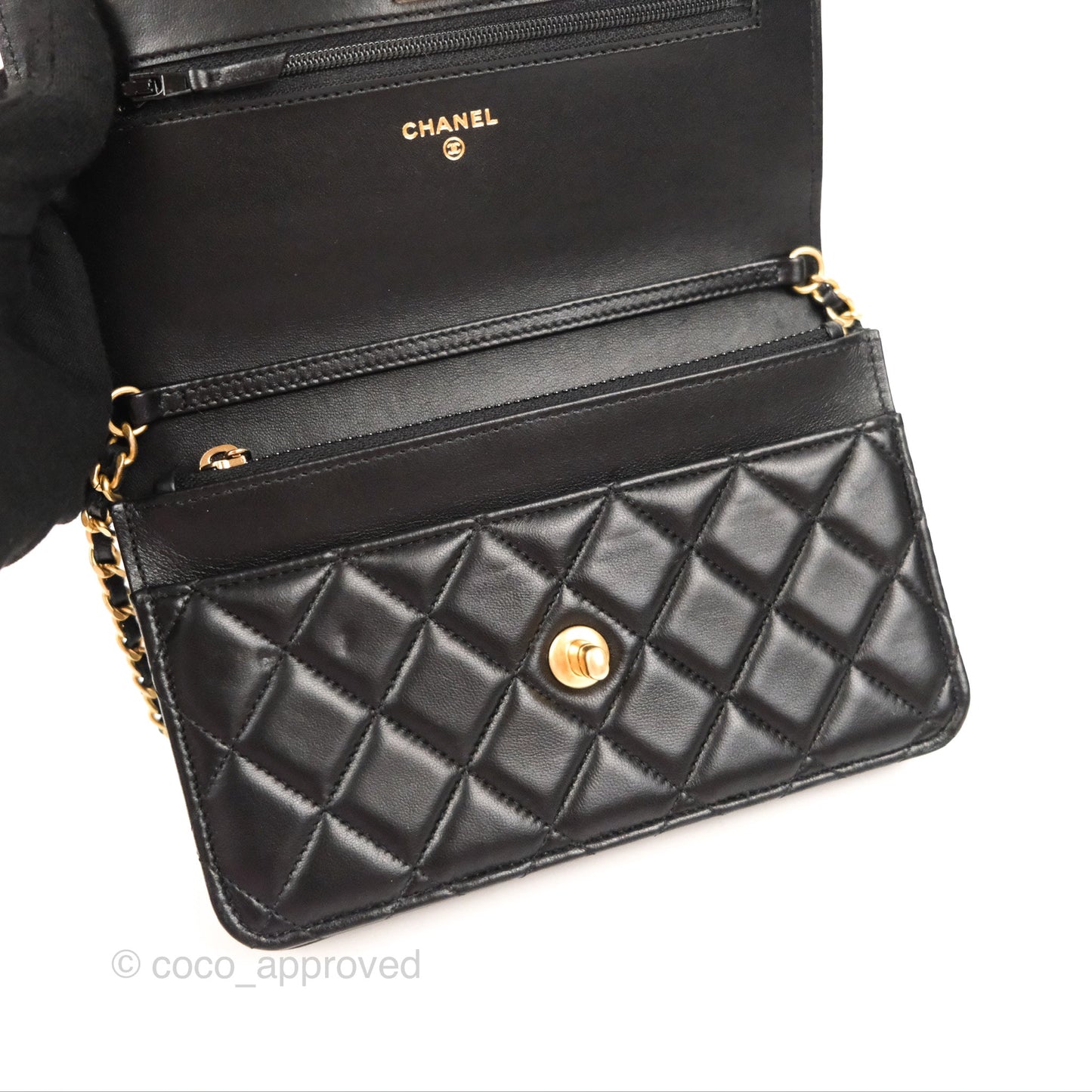 Chanel Quilted Pearl Crush Wallet on Chain WOC Black Lambskin Aged Gold Hardware