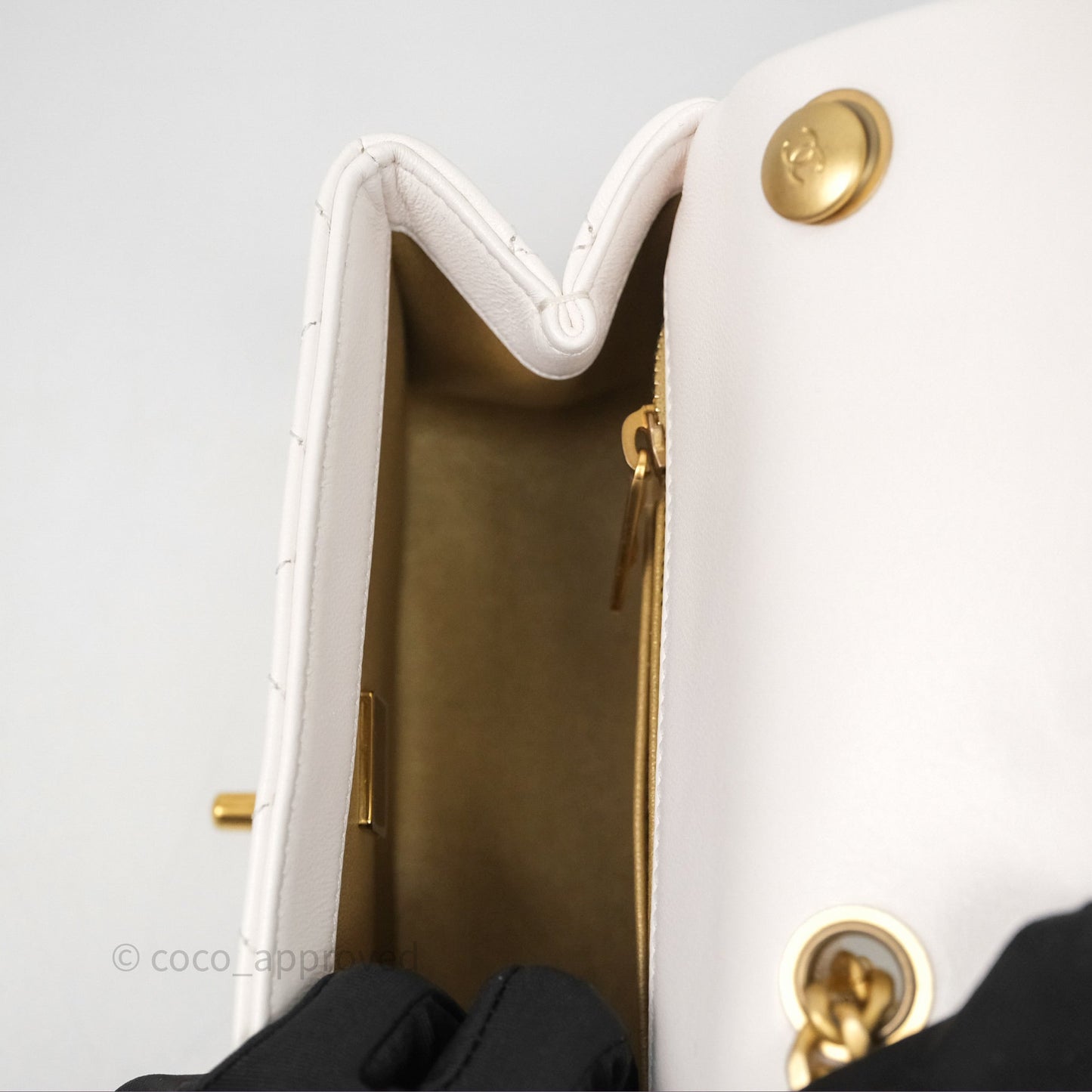 Chanel Quilted Mini Square Flap with Camellia Adjustable Chain White Lambskin Aged Gold Hardware