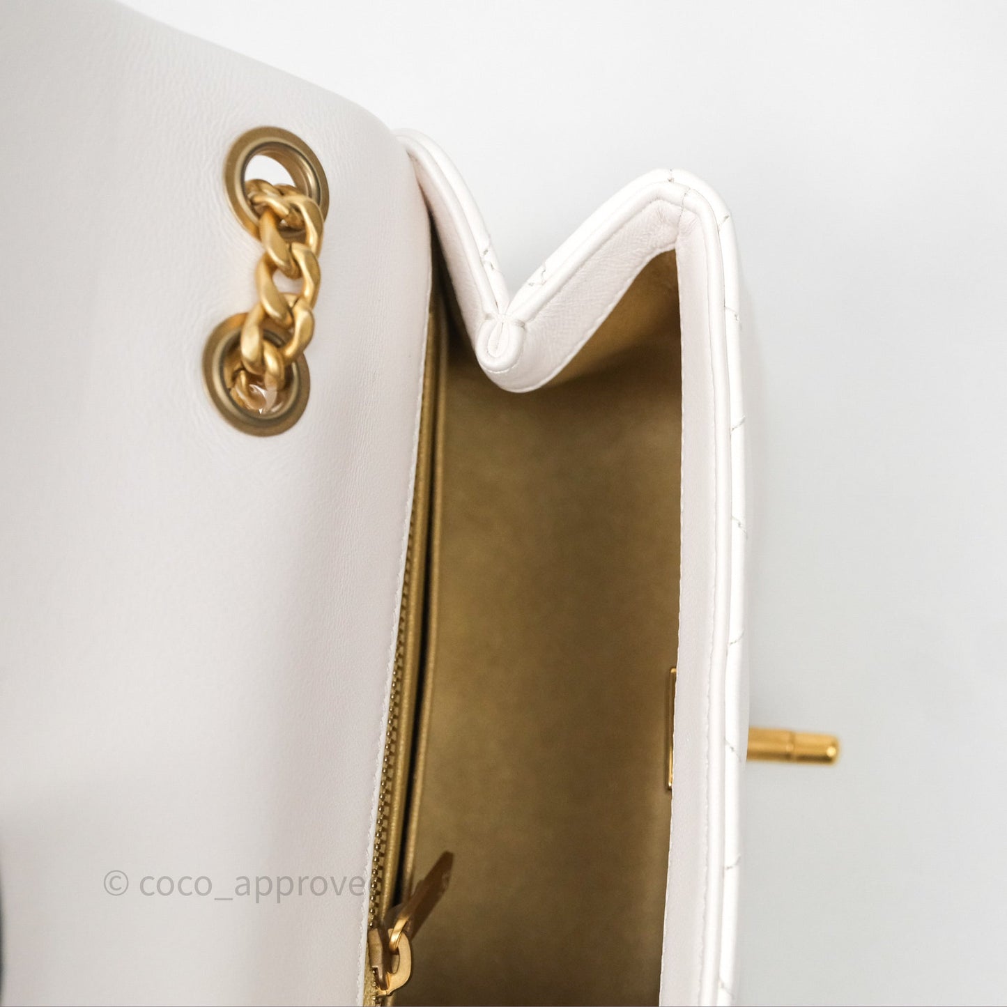 Chanel Quilted Mini Square Flap with Camellia Adjustable Chain White Lambskin Aged Gold Hardware