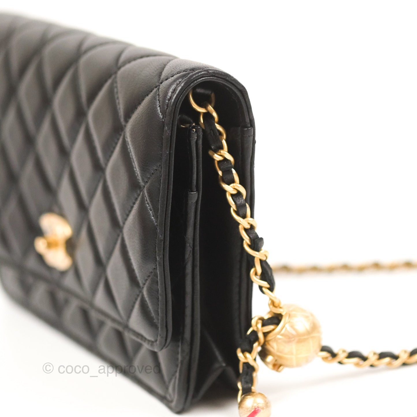 Chanel Quilted Pearl Crush Wallet on Chain WOC Black Lambskin Aged Gold Hardware