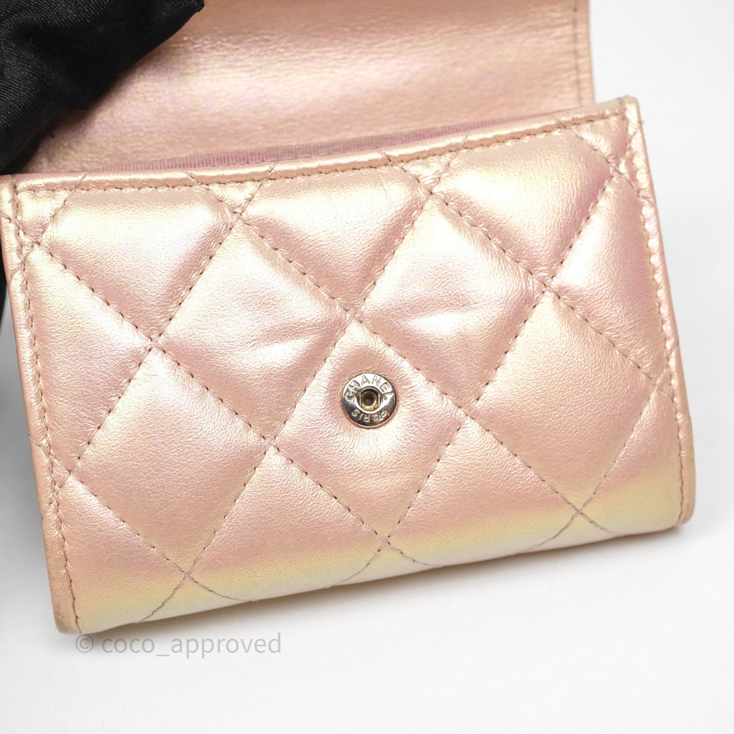 Chanel Classic Flap Coin Purse Pink Iridescent Pearl Lambskin Silver Hardware
