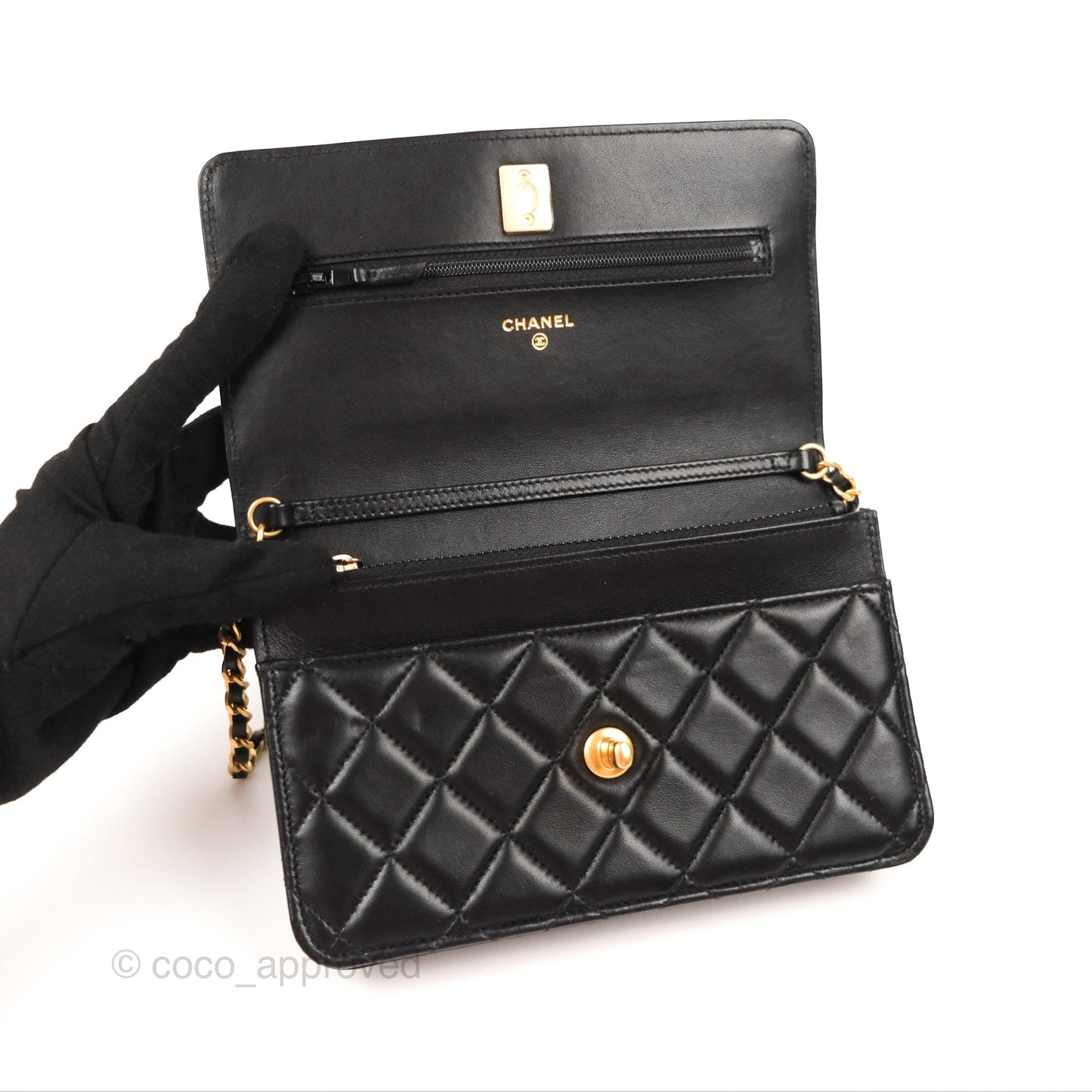 Chanel Quilted Pearl Crush Wallet on Chain WOC Black Lambskin Aged Gold Hardware