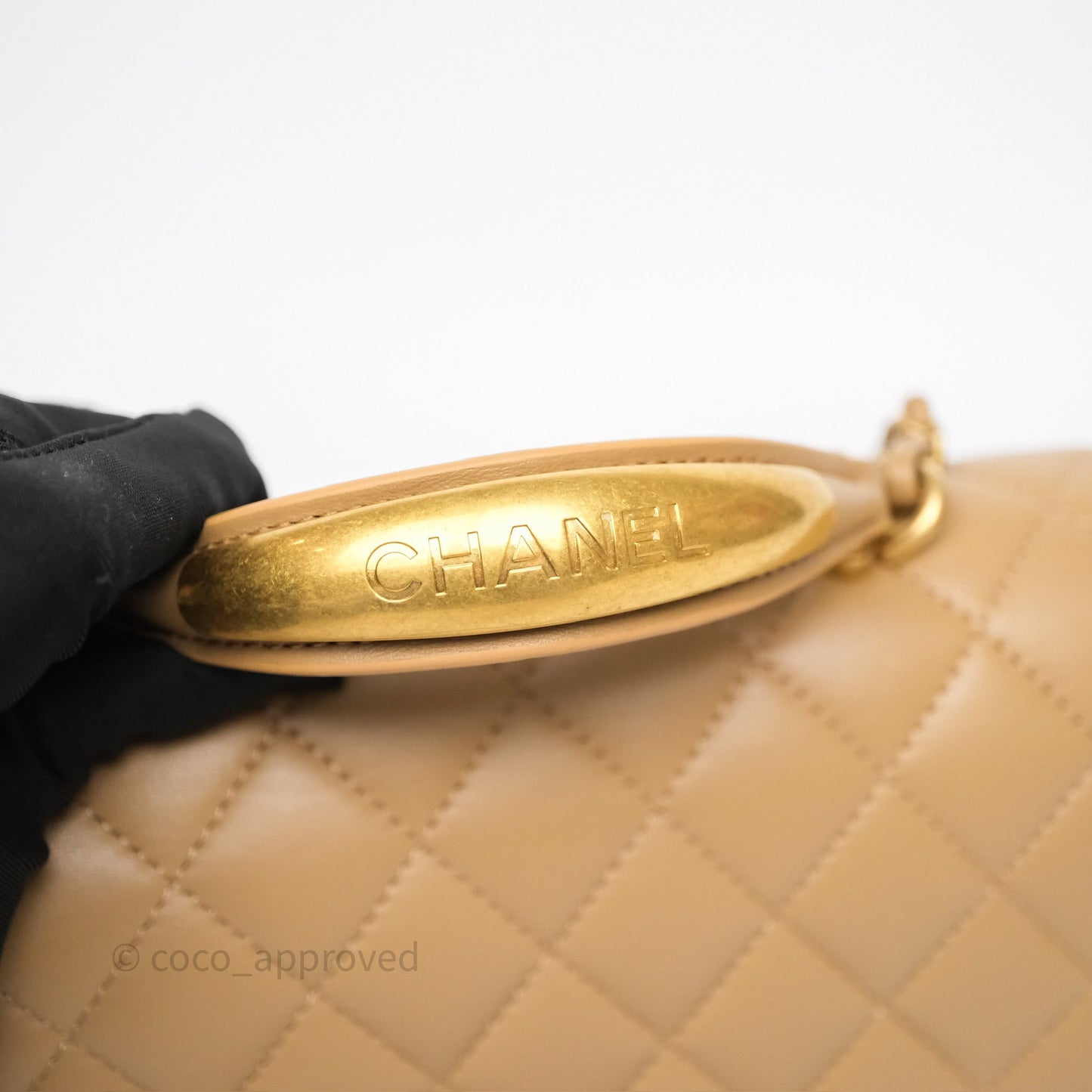 Chanel Metal Top Handle Mini Rectangular Flap Bag Beige Lambskin Aged Gold Hardware