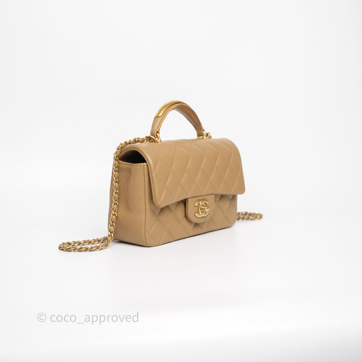 Chanel Metal Top Handle Mini Rectangular Flap Bag Beige Lambskin Aged Gold Hardware