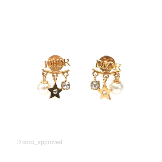 Christian Dior Crystal Pearl Drop Star Earrings Gold Tone