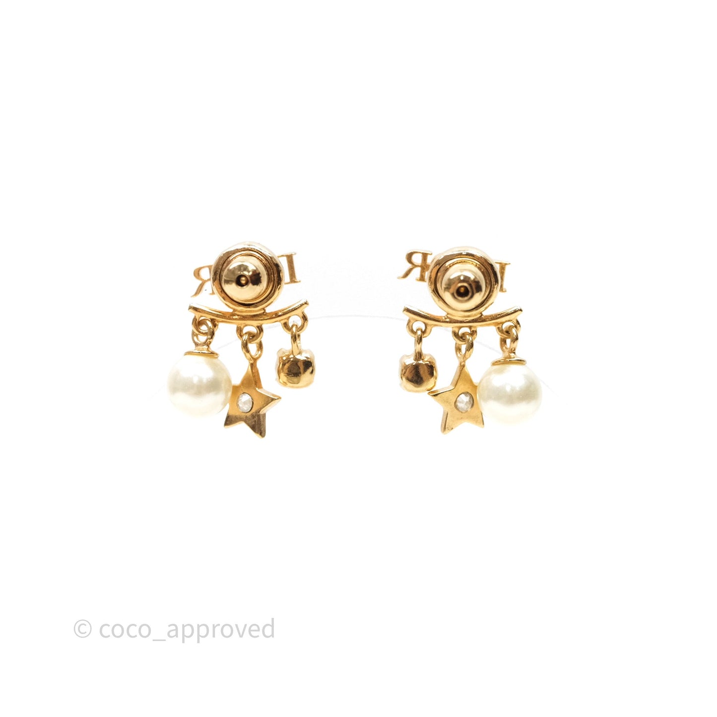 Christian Dior Crystal Pearl Drop Star Earrings Gold Tone