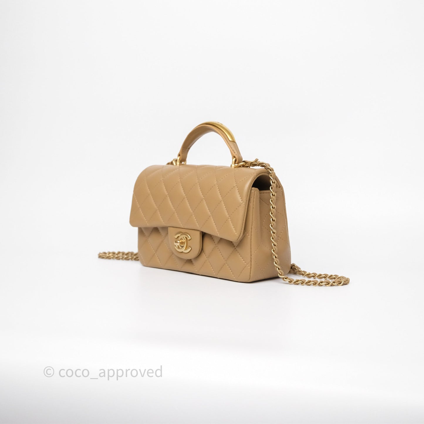 Chanel Metal Top Handle Mini Rectangular Flap Bag Beige Lambskin Aged Gold Hardware