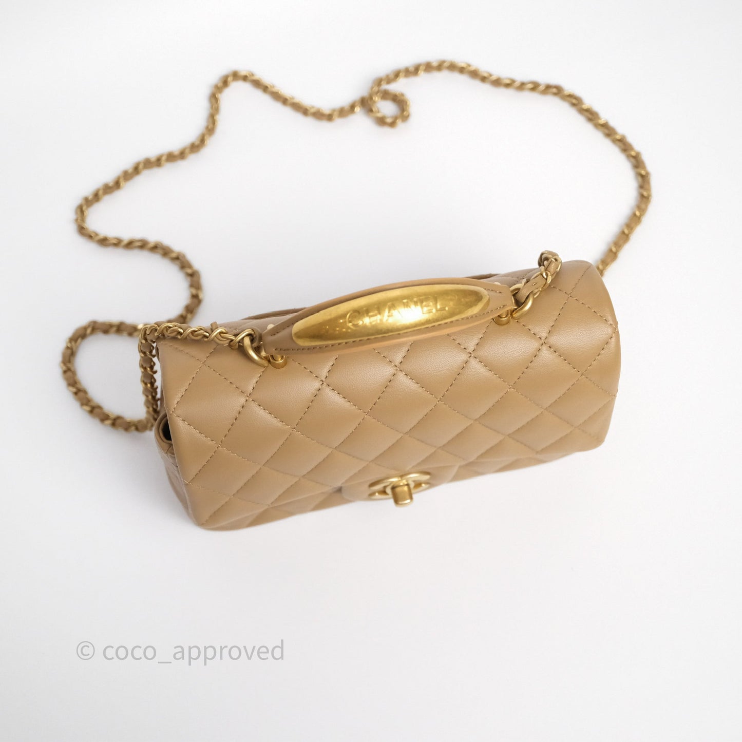 Chanel Metal Top Handle Mini Rectangular Flap Bag Beige Lambskin Aged Gold Hardware