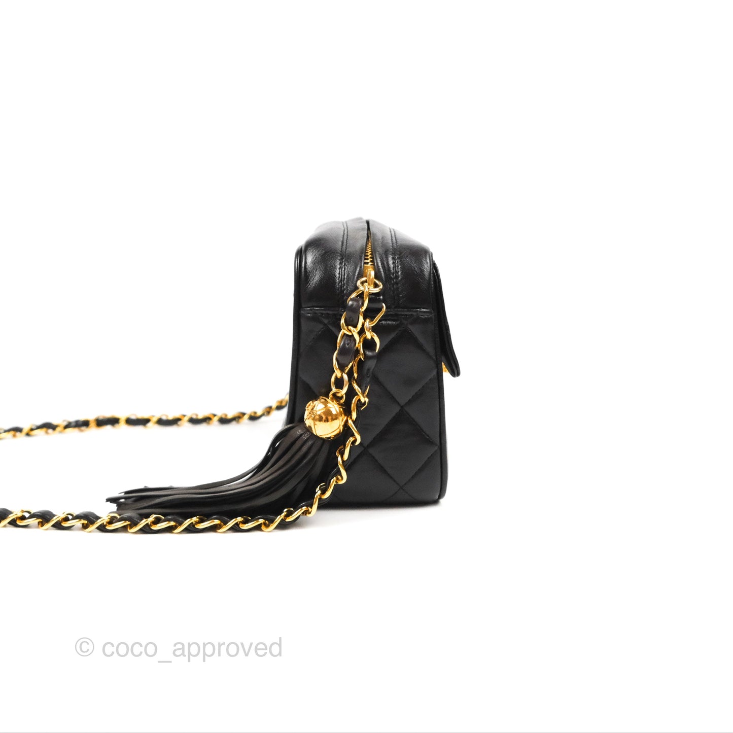 Chanel Vintage Tassel Charm Camera Bag Black Lambskin Gold Hardware