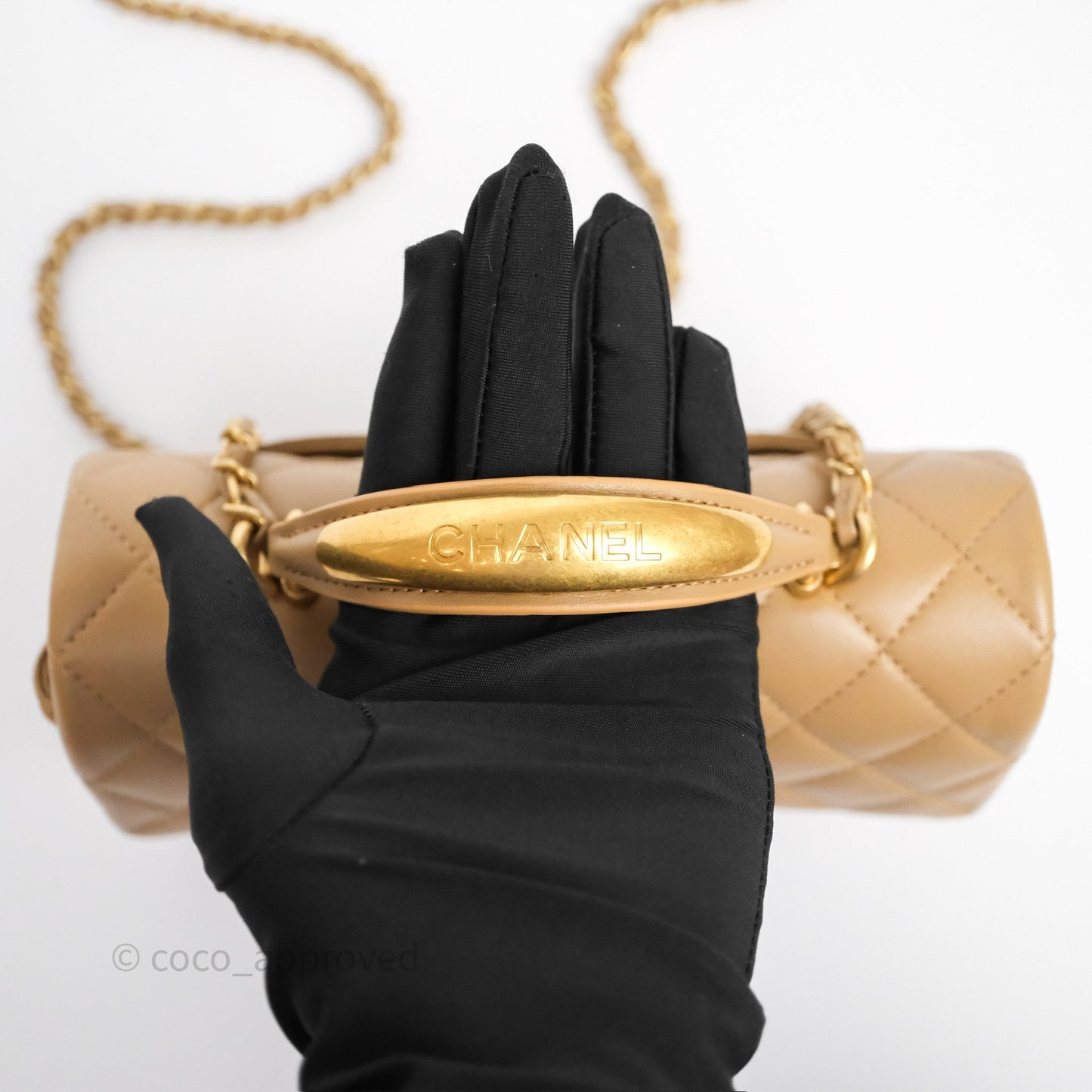 Chanel Metal Top Handle Mini Rectangular Flap Bag Beige Lambskin Aged Gold Hardware