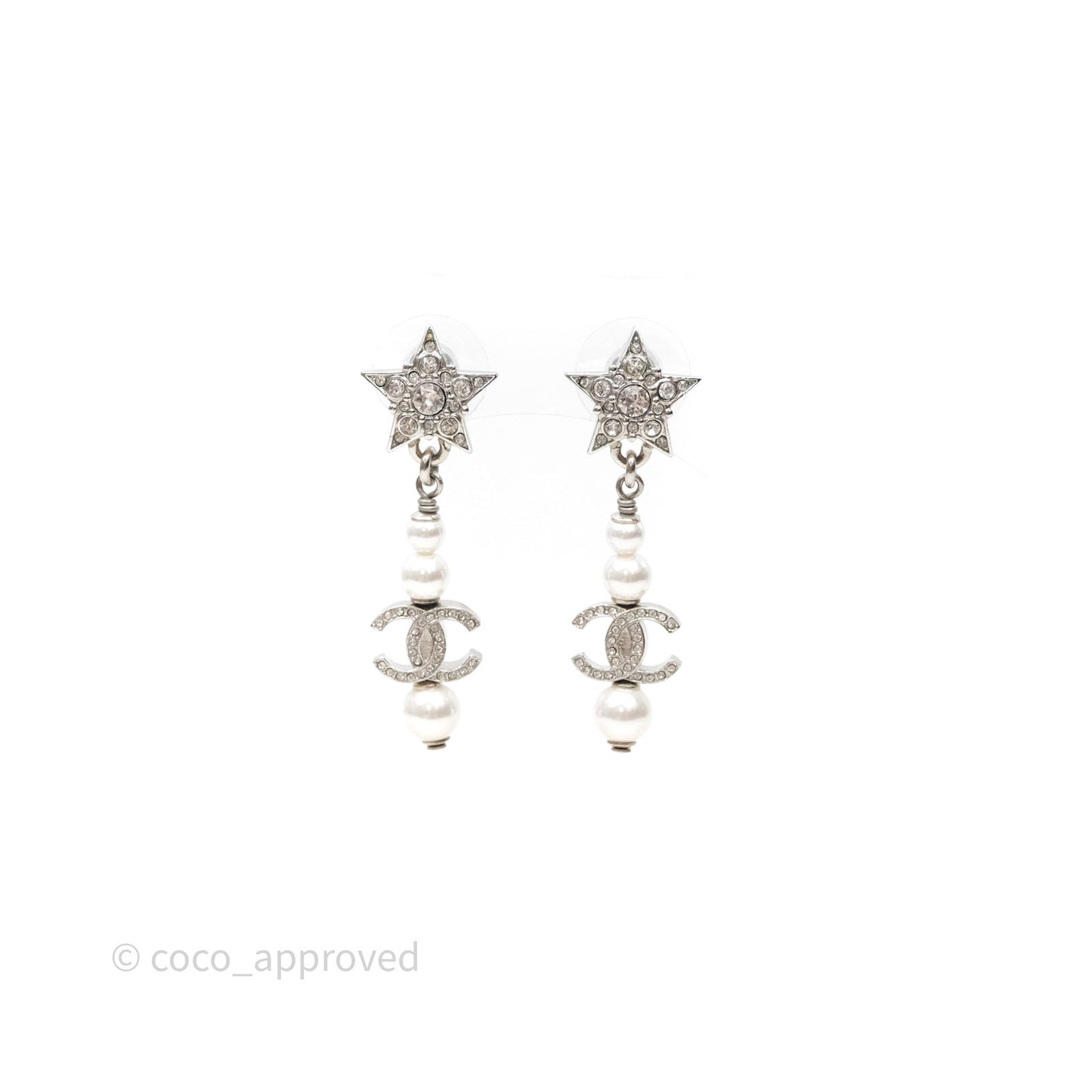 Chanel Crystal Pearl CC Star Drop Earrings Silver 20P