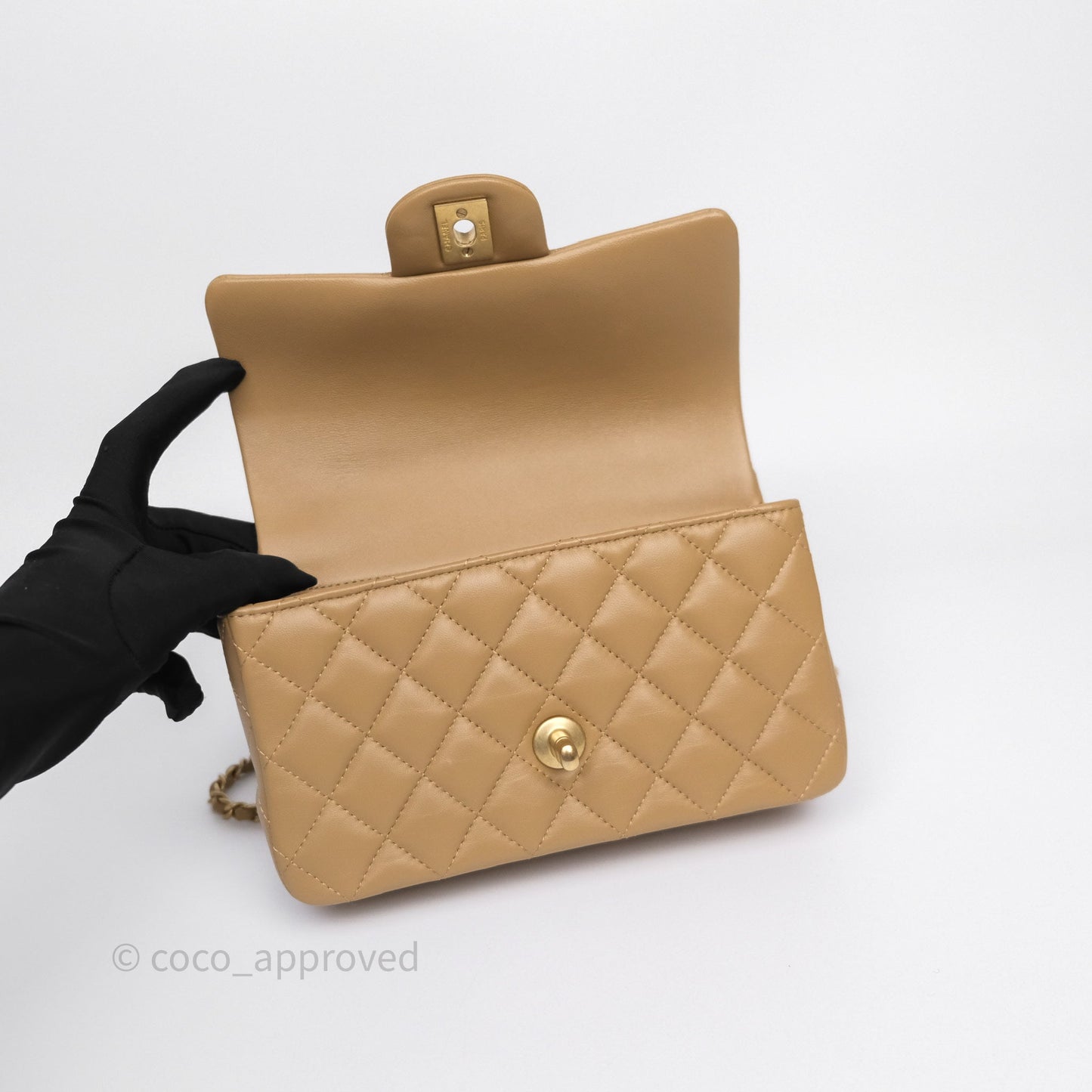 Chanel Metal Top Handle Mini Rectangular Flap Bag Beige Lambskin Aged Gold Hardware