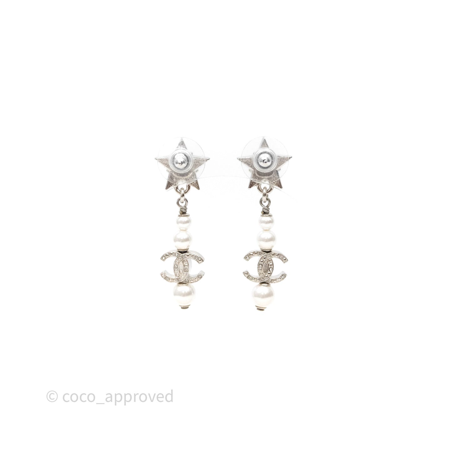 Chanel Crystal Pearl CC Star Drop Earrings Silver 20P
