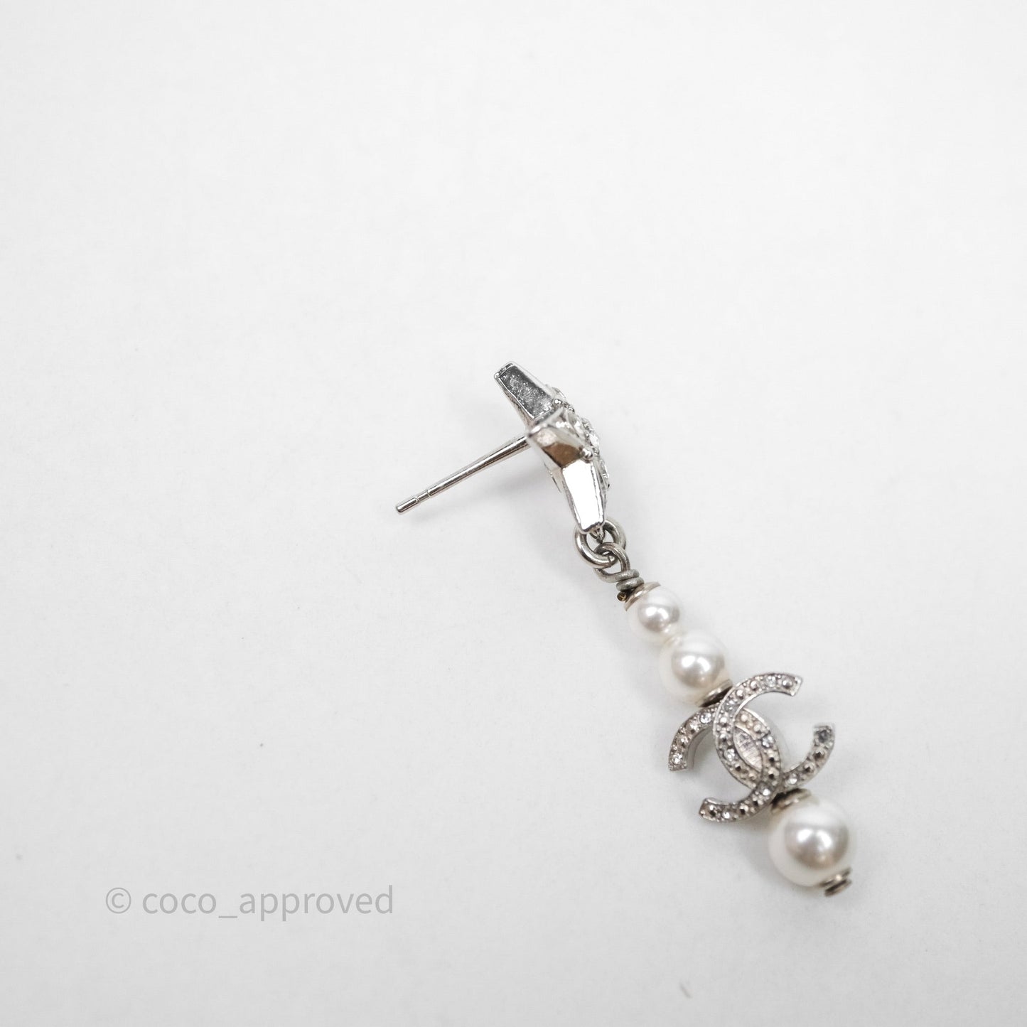 Chanel Crystal Pearl CC Star Drop Earrings Silver 20P
