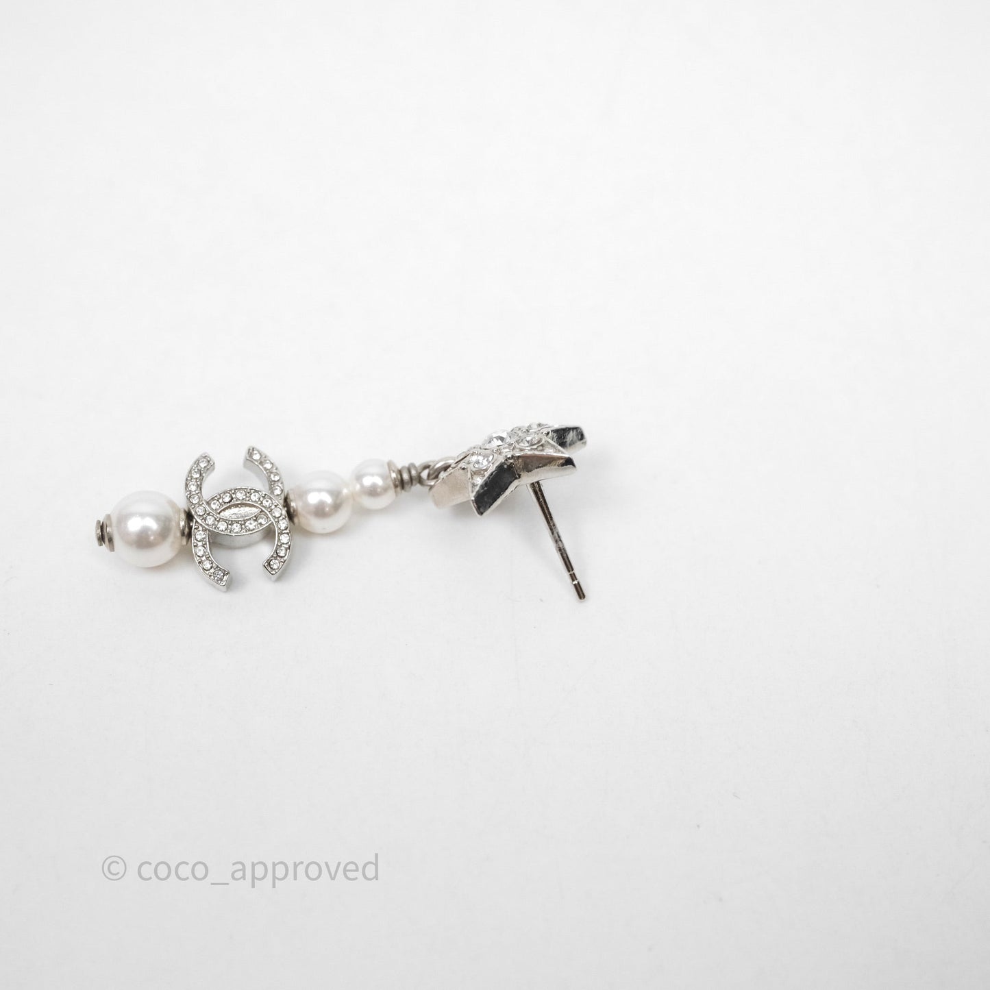 Chanel Crystal Pearl CC Star Drop Earrings Silver 20P