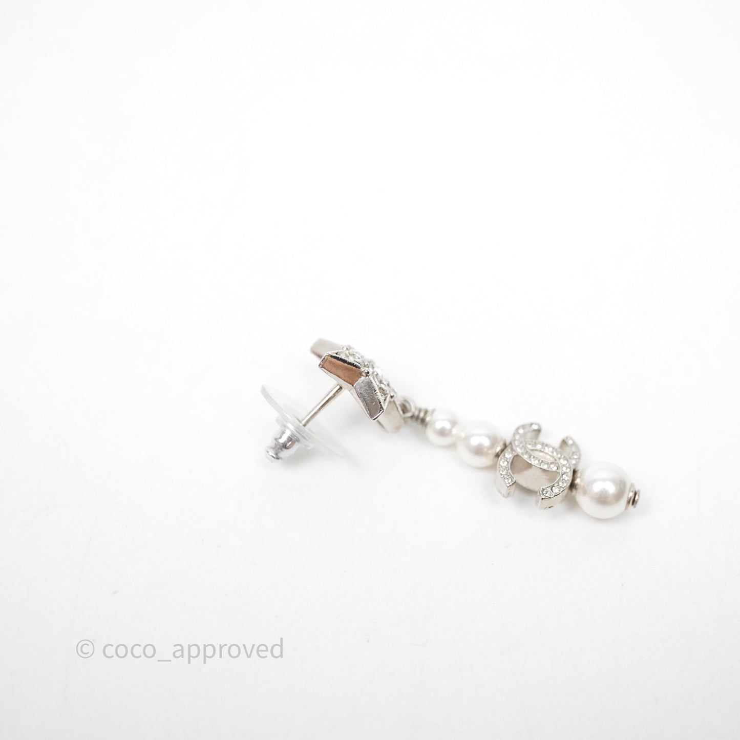 Chanel Crystal Pearl CC Star Drop Earrings Silver 20P