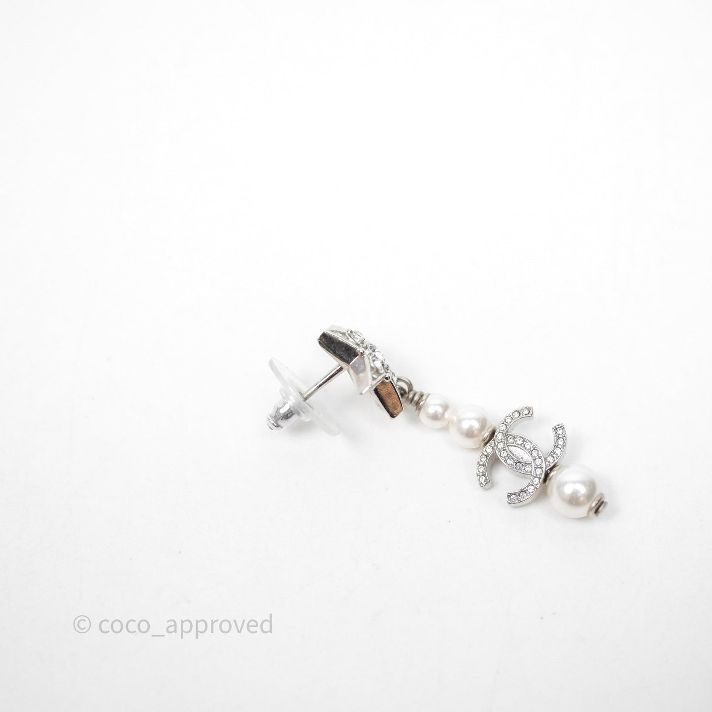 Chanel Crystal Pearl CC Star Drop Earrings Silver 20P