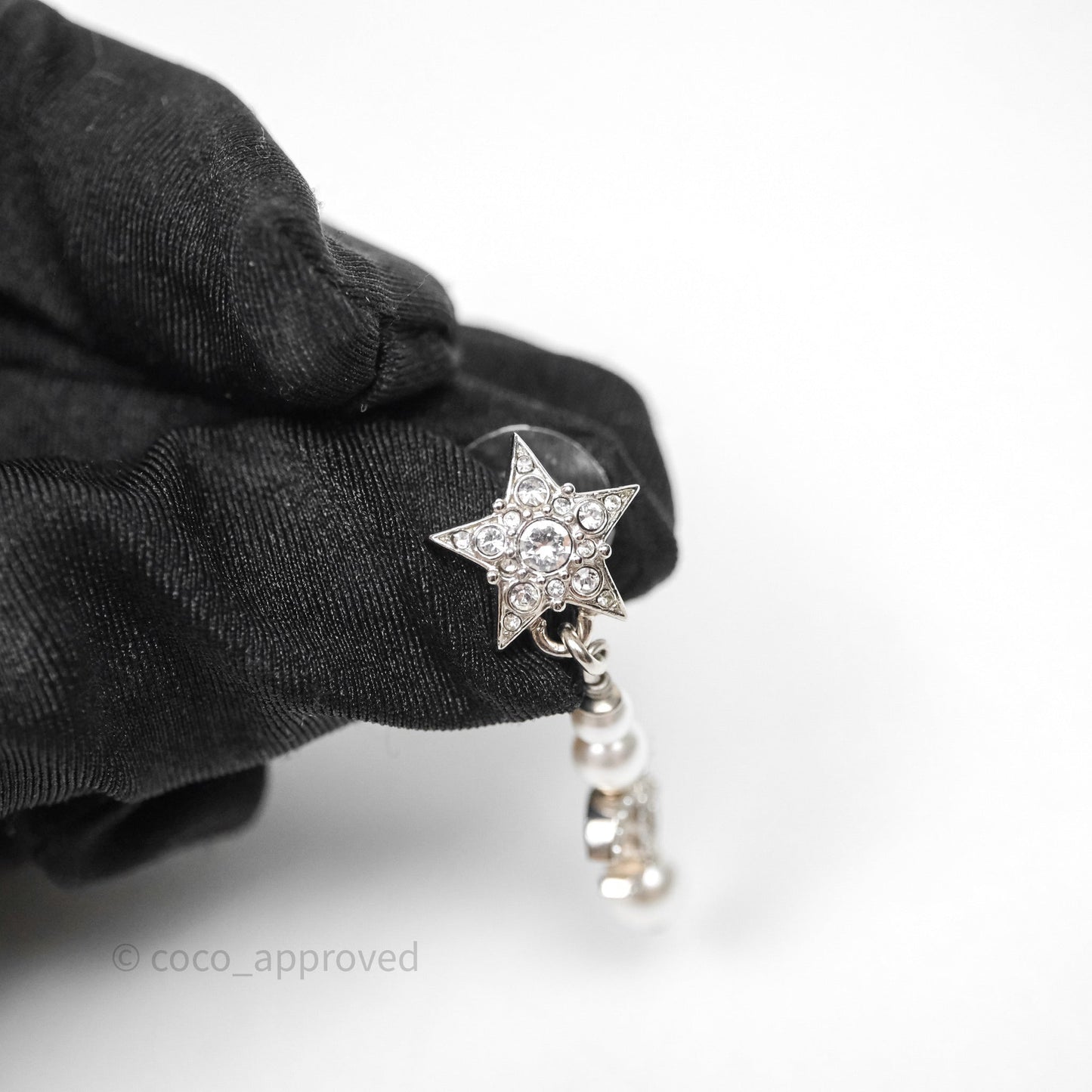 Chanel Crystal Pearl CC Star Drop Earrings Silver 20P