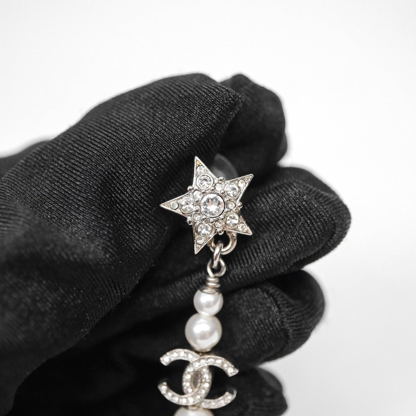 Chanel Crystal Pearl CC Star Drop Earrings Silver 20P