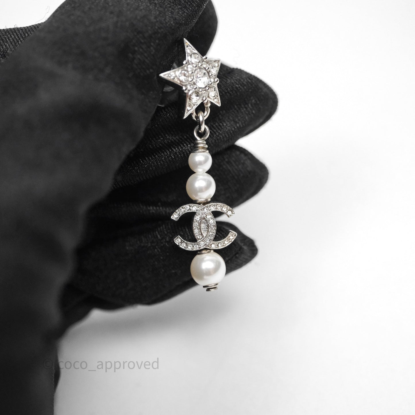 Chanel Crystal Pearl CC Star Drop Earrings Silver 20P
