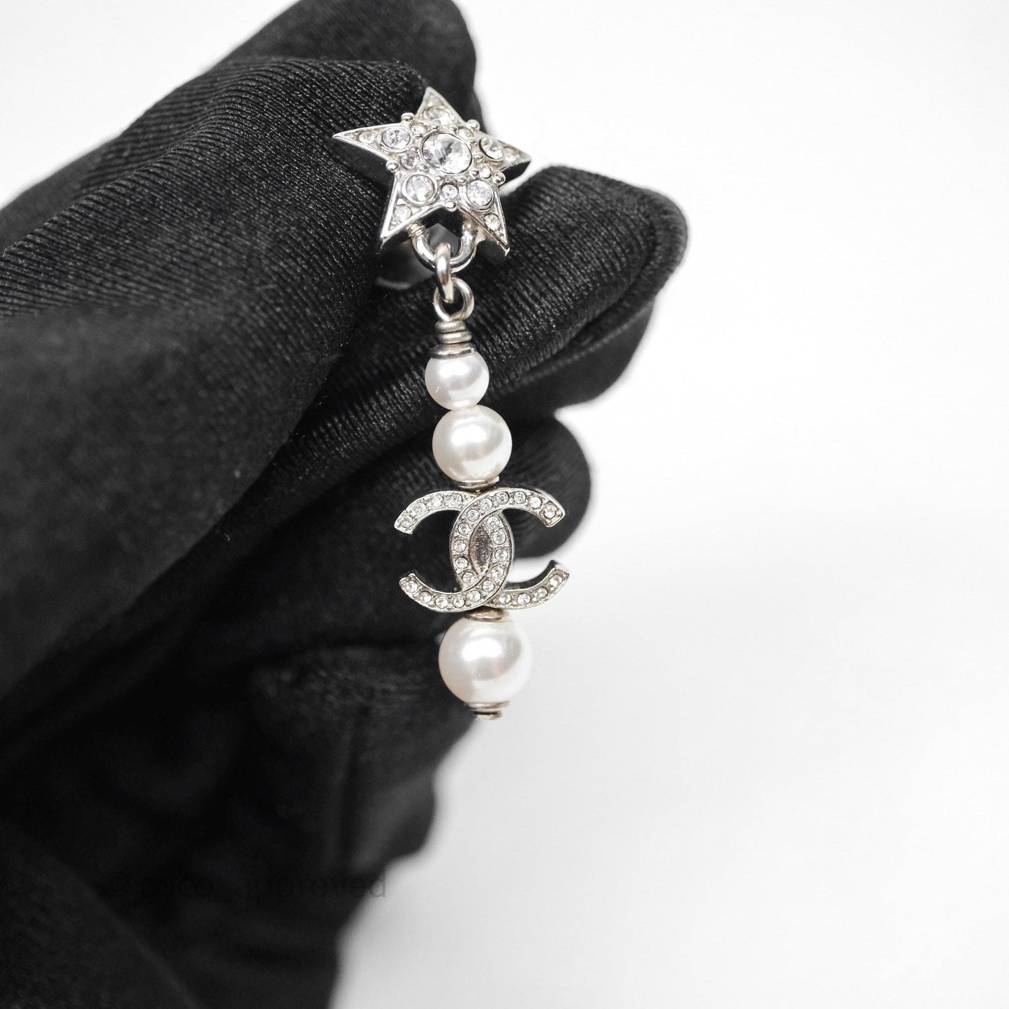 Chanel Crystal Pearl CC Star Drop Earrings Silver 20P