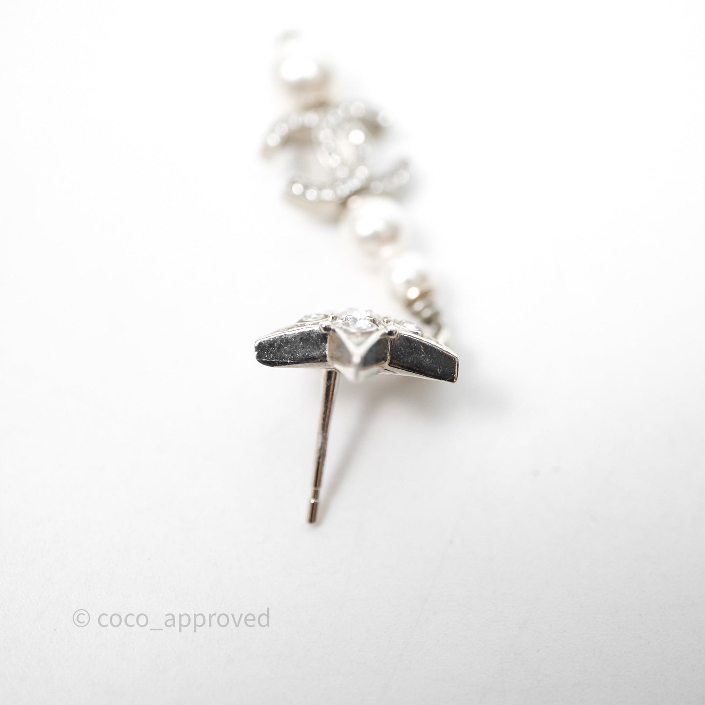 Chanel Crystal Pearl CC Star Drop Earrings Silver 20P
