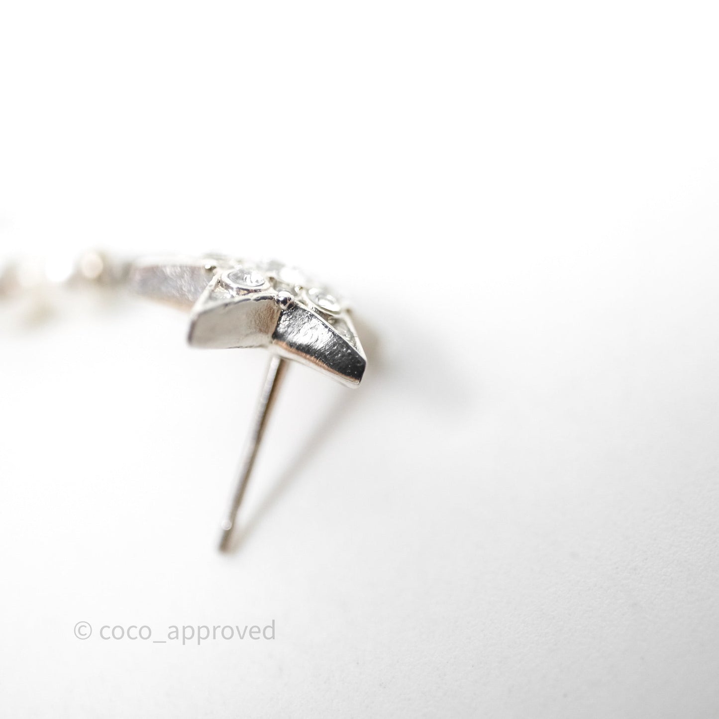 Chanel Crystal Pearl CC Star Drop Earrings Silver 20P