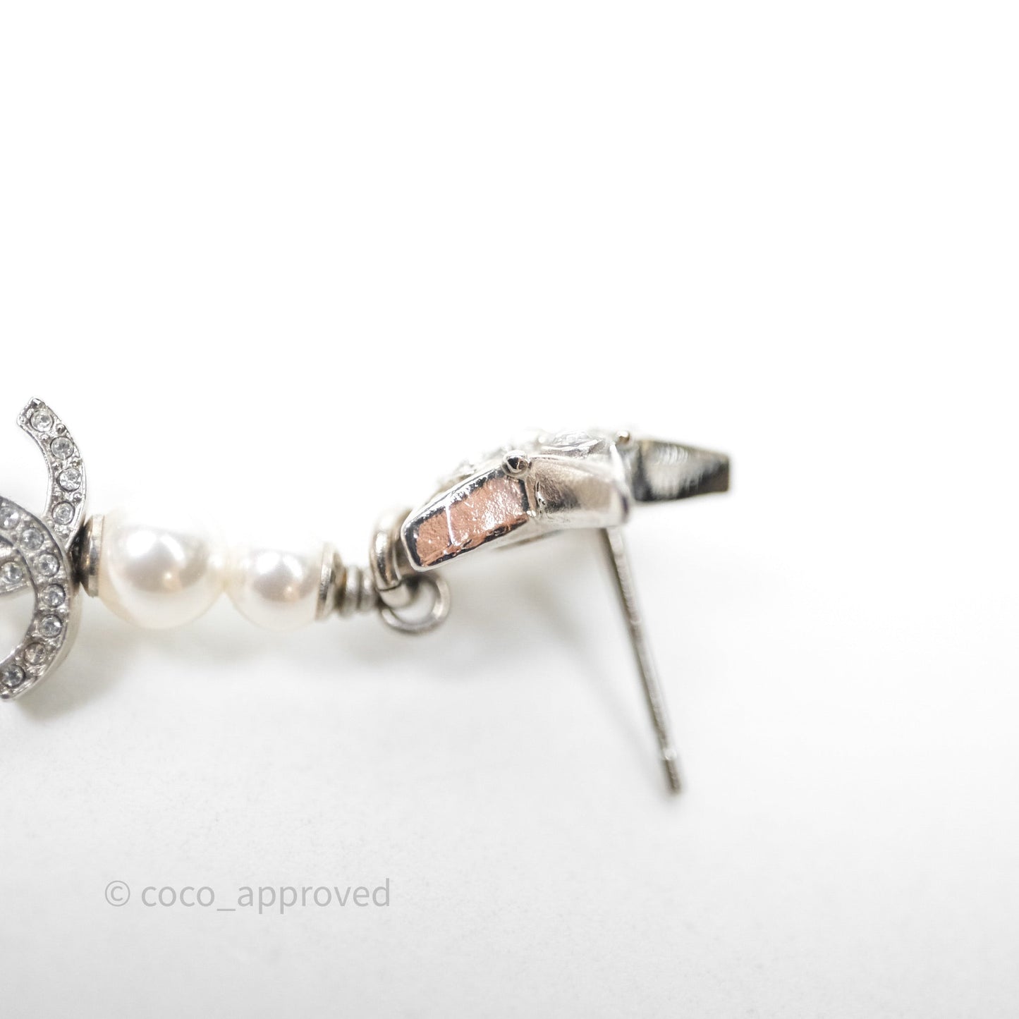 Chanel Crystal Pearl CC Star Drop Earrings Silver 20P