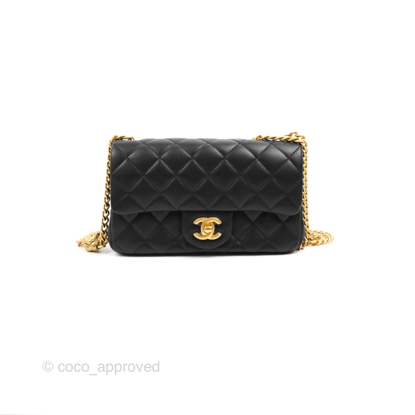 Chanel Mini Rectangular Flap with Camellia Adjustable Chain Black Lambskin Aged Gold Hardware 23S