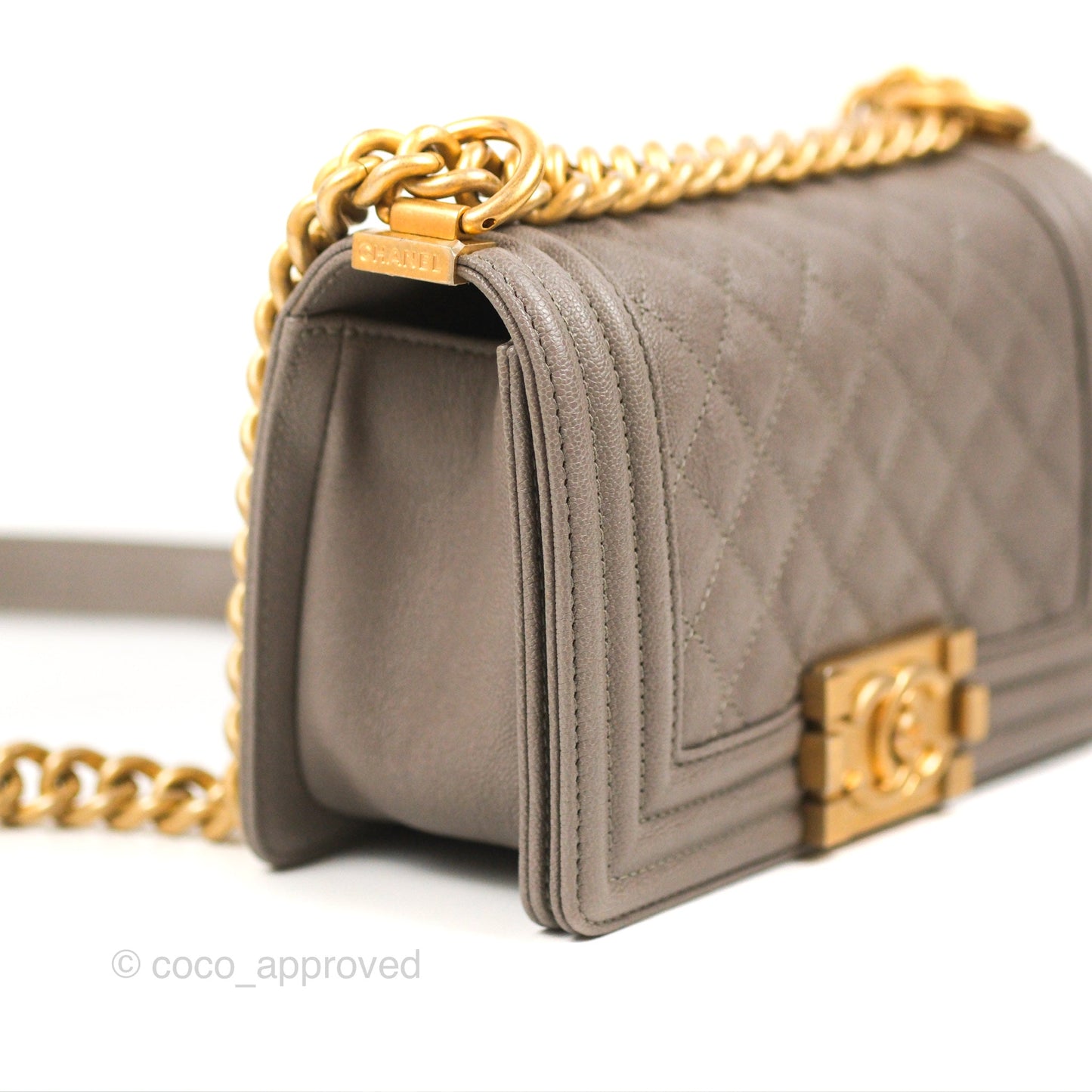 Chanel Small Quilted Boy Dark Grey Caviar Aged Gold Hardware