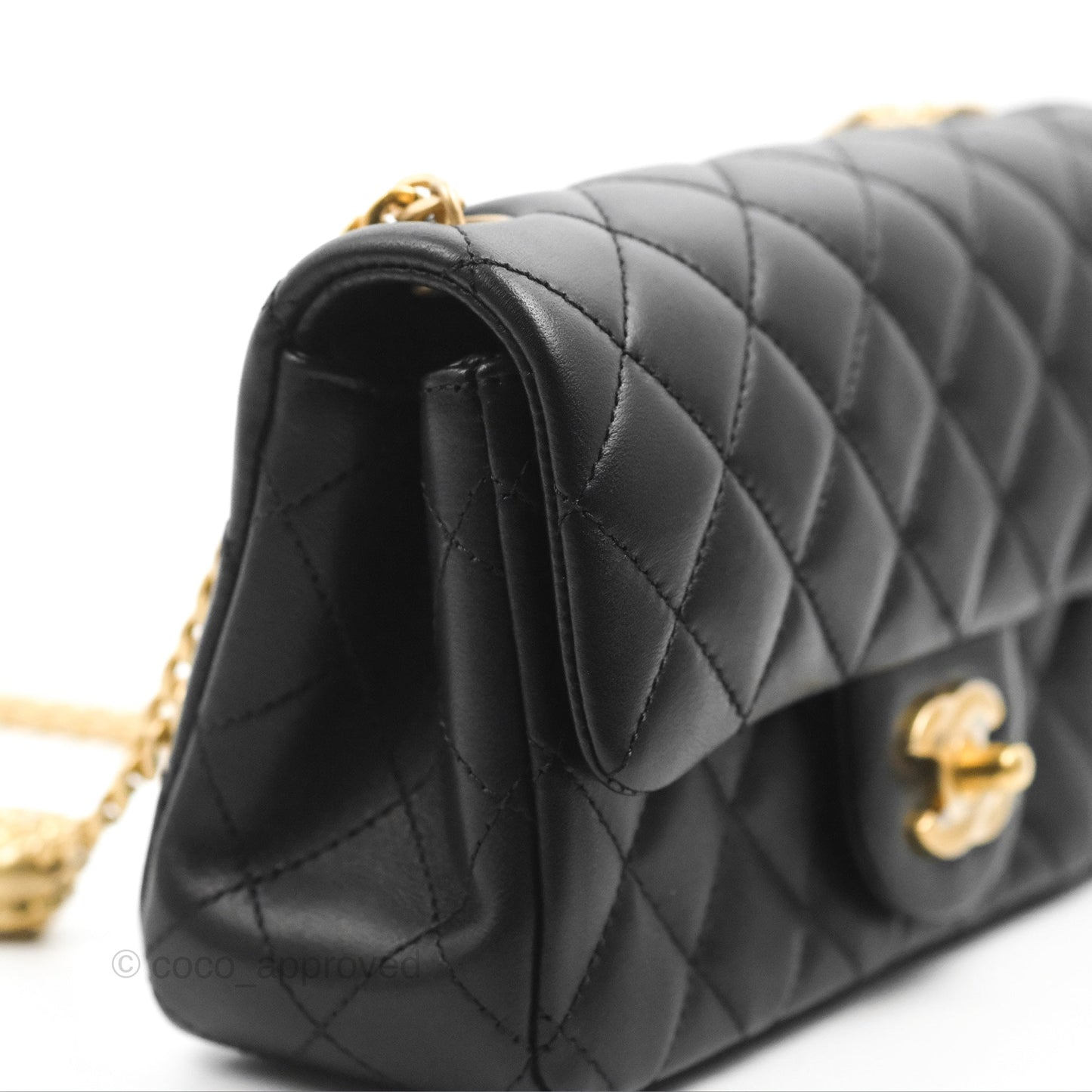 Chanel Mini Rectangular Flap with Camellia Adjustable Chain Black Lambskin Aged Gold Hardware 23S