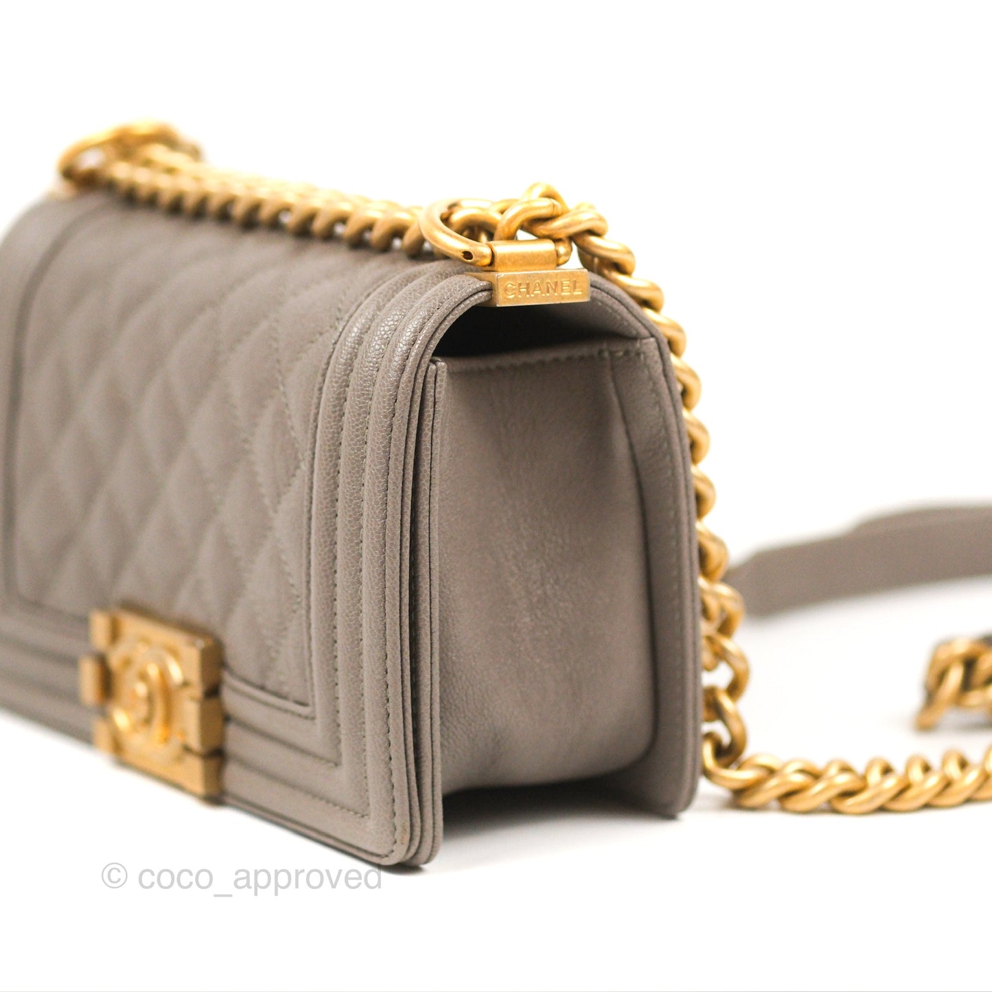 Chanel Small Quilted Boy Dark Grey Caviar Aged Gold Hardware