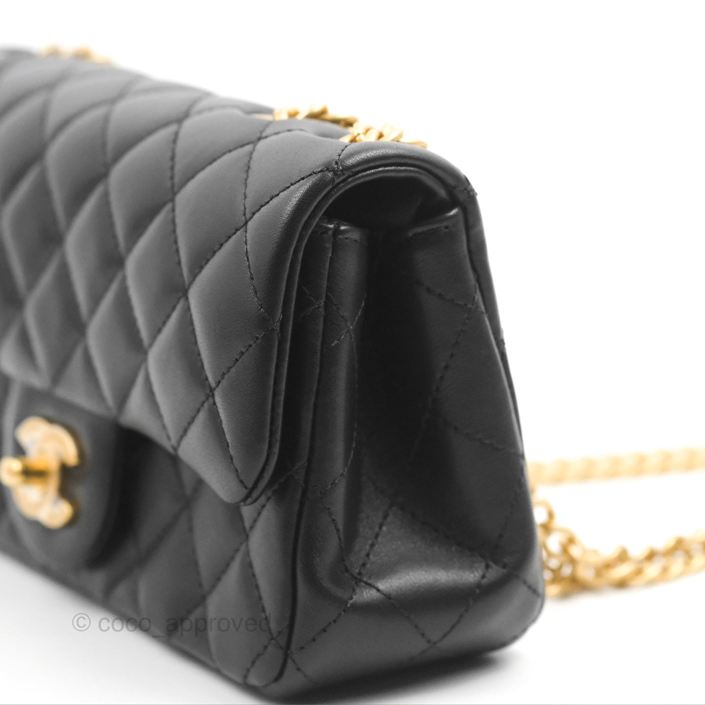 Chanel Mini Rectangular Flap with Camellia Adjustable Chain Black Lambskin Aged Gold Hardware 23S