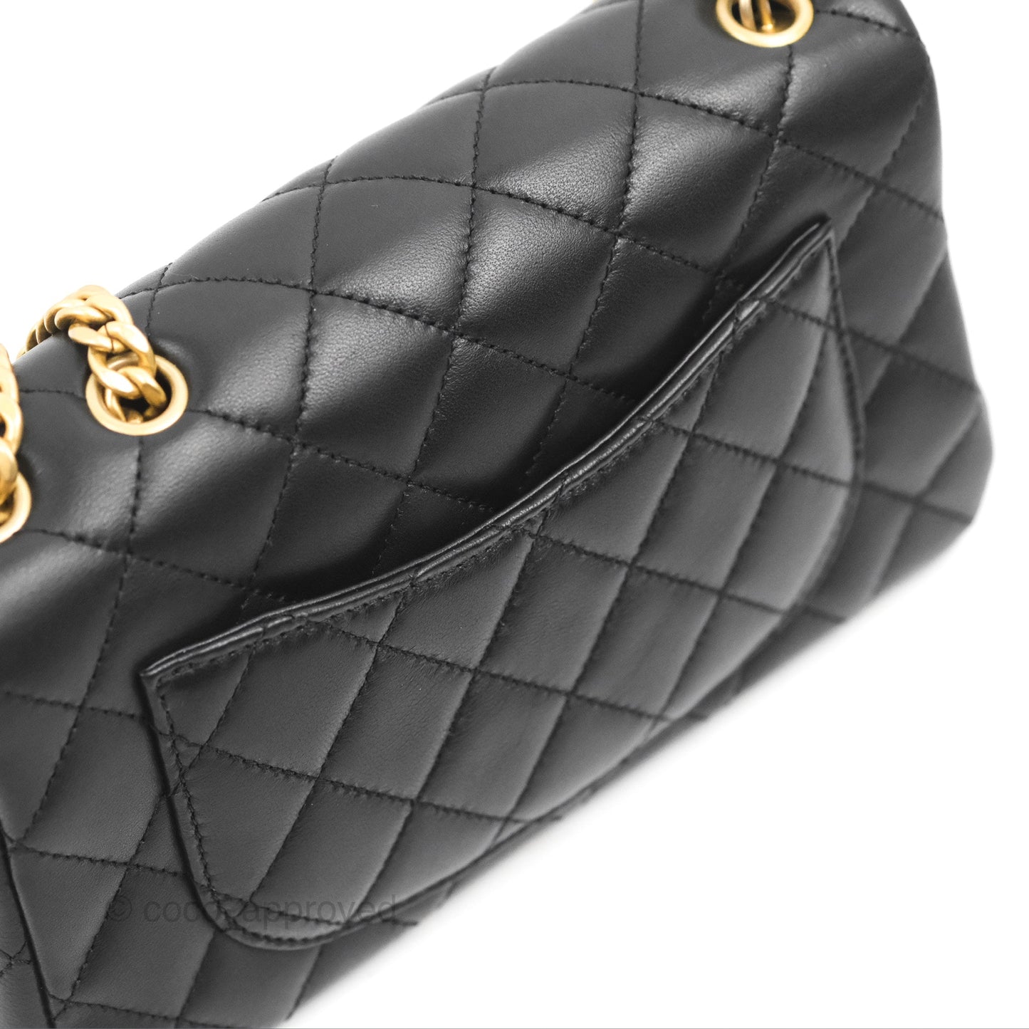 Chanel Mini Rectangular Flap with Camellia Adjustable Chain Black Lambskin Aged Gold Hardware 23S