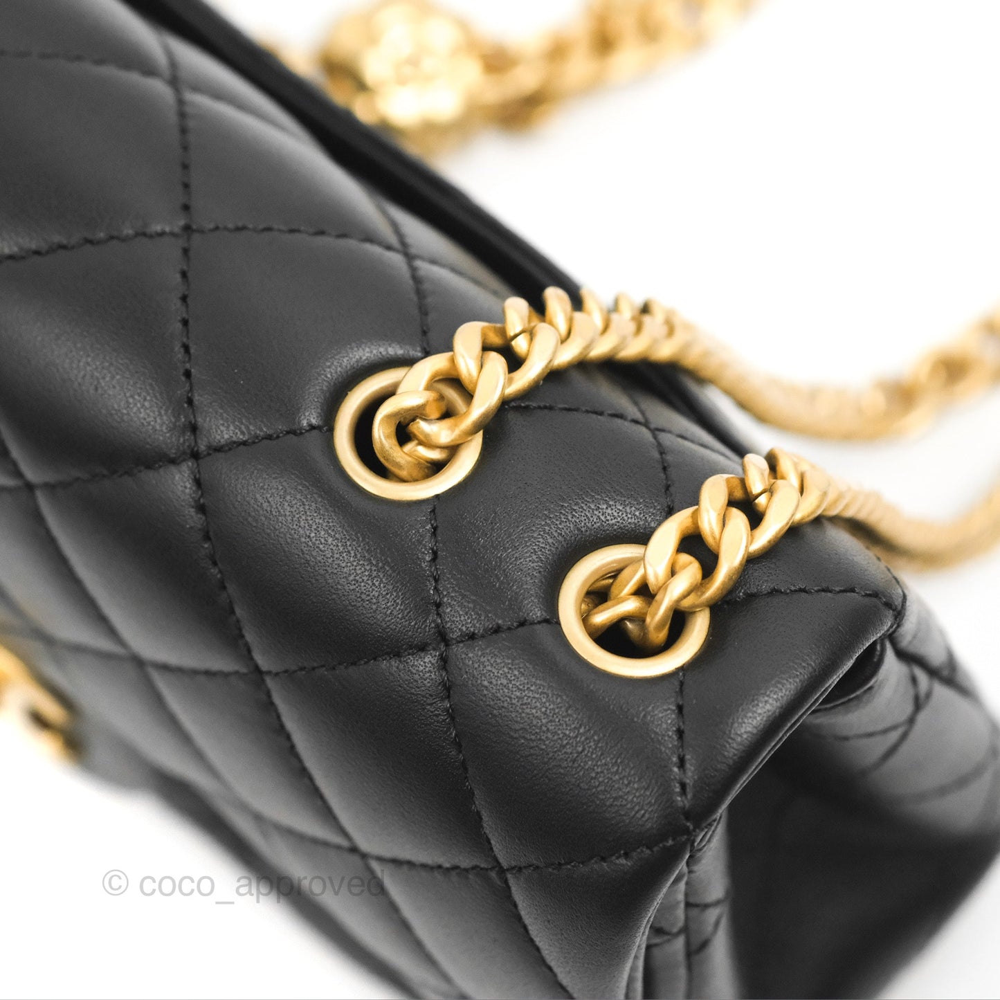 Chanel Mini Rectangular Flap with Camellia Adjustable Chain Black Lambskin Aged Gold Hardware 23S