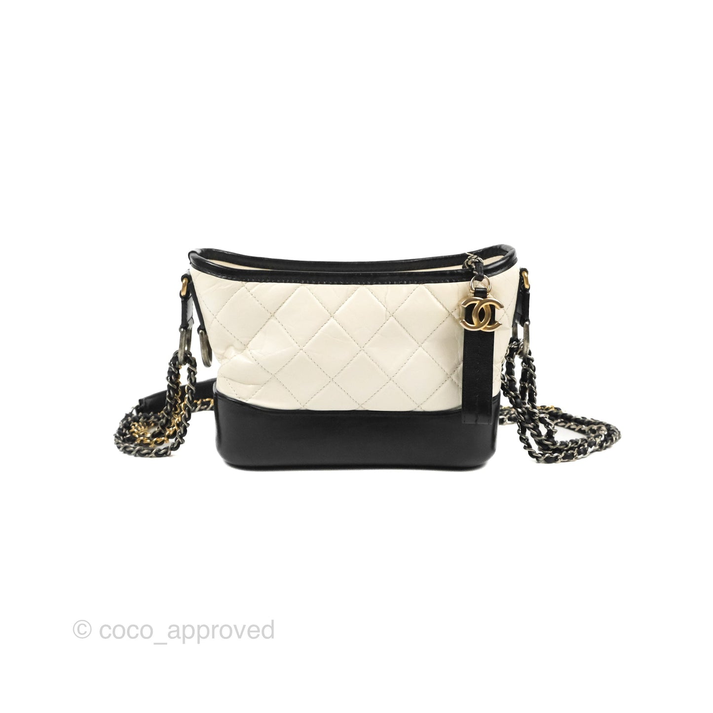 Chanel Quilted Small Gabrielle Hobo Black White Aged Calfskin Mixed Hardware