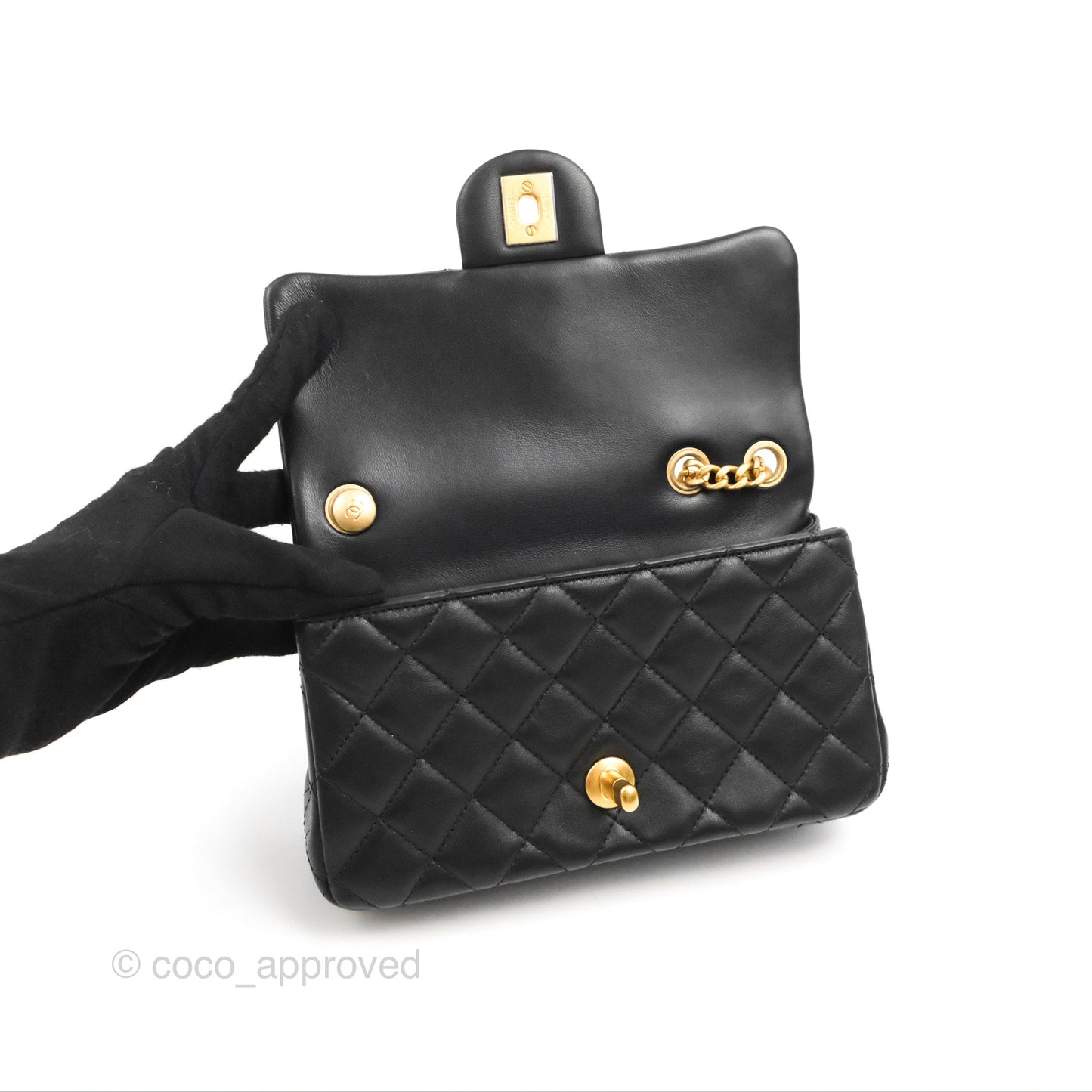 Chanel Mini Rectangular Flap with Camellia Adjustable Chain Black Lambskin Aged Gold Hardware 23S