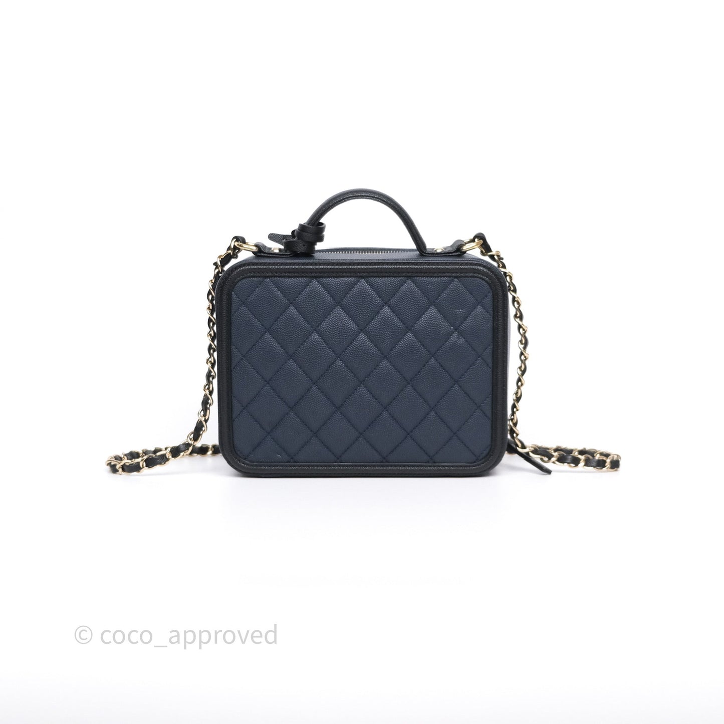 Chanel Quilted Medium CC Filigree Vanity Case Dark Navy Caviar Gold Hardware