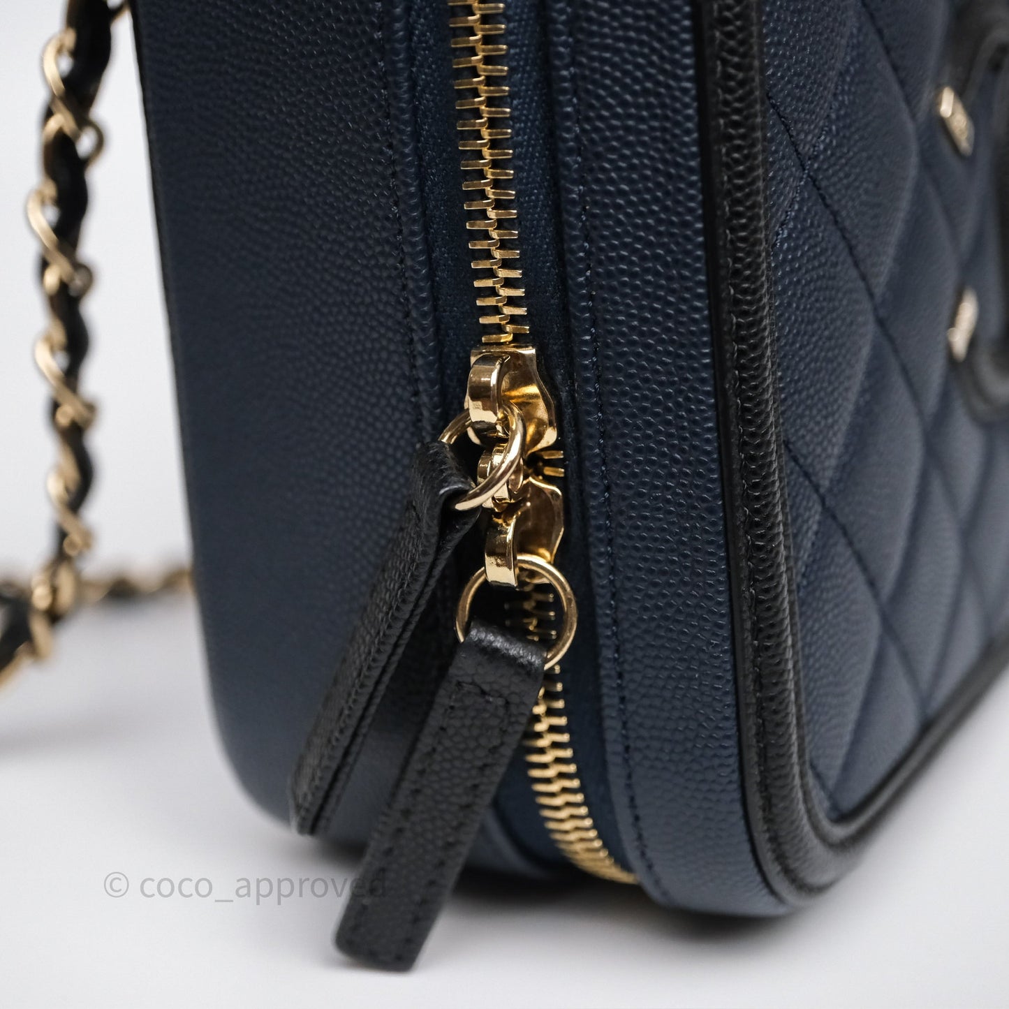 Chanel Quilted Medium CC Filigree Vanity Case Dark Navy Caviar Gold Hardware