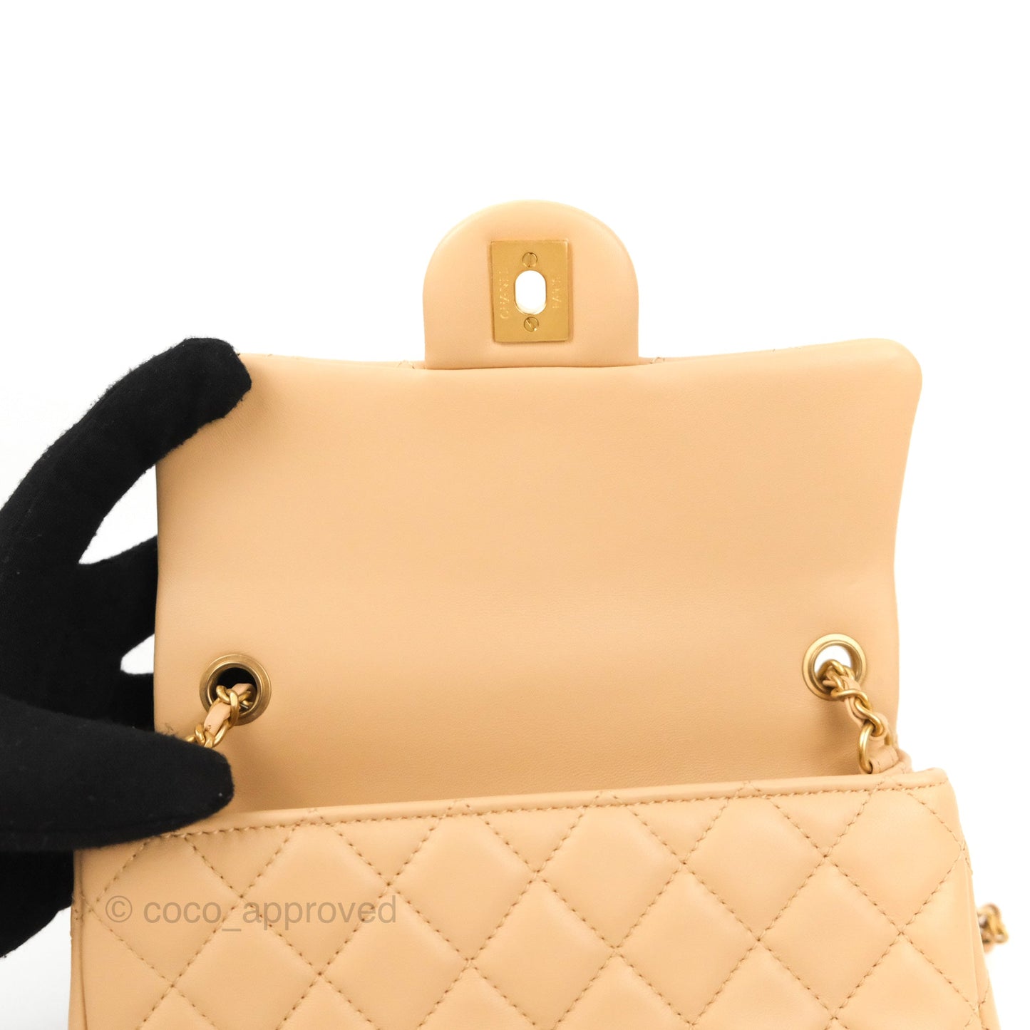 Chanel Mini Rectangular Pearl Crush Beige Lambskin Aged Gold Hardware