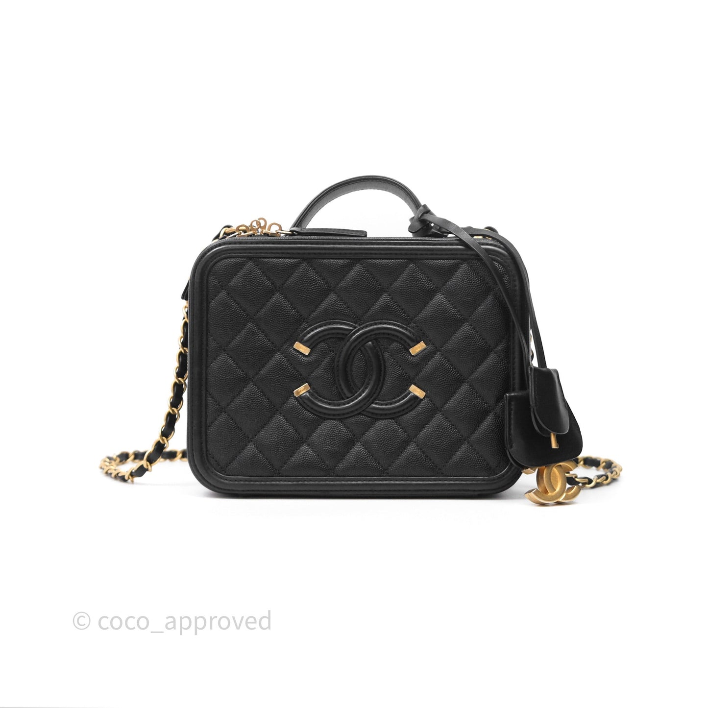 Chanel Quilted Medium CC Filigree Vanity Case Black Caviar Aged Gold Hardware