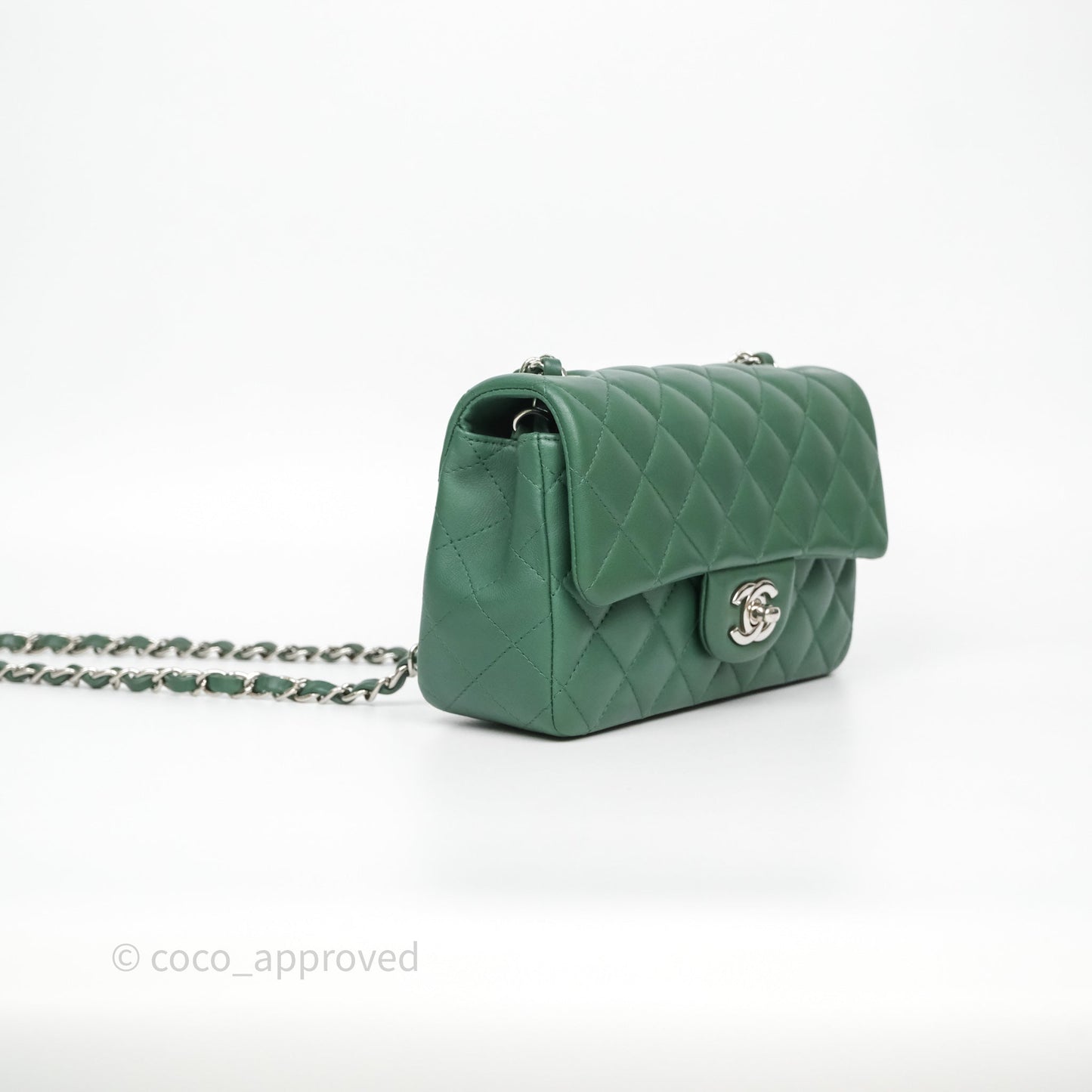Chanel Quilted Mini Rectangular Green Lambskin Silver Hardware