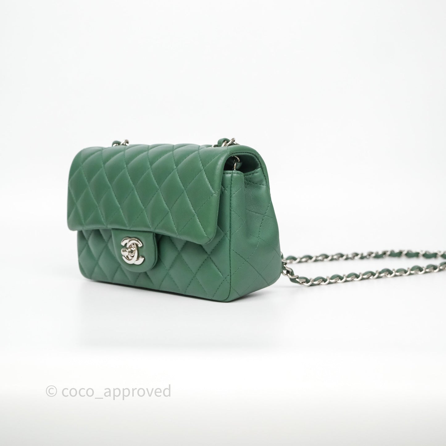 Chanel Quilted Mini Rectangular Green Lambskin Silver Hardware