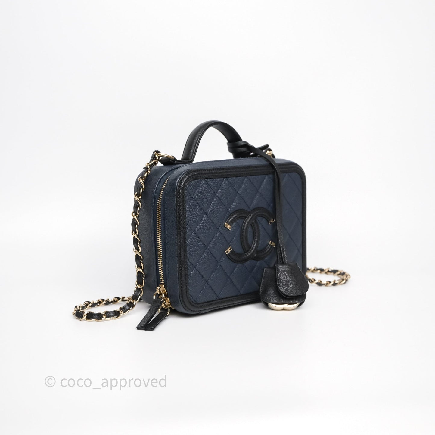 Chanel Quilted Medium CC Filigree Vanity Case Dark Navy Caviar Gold Hardware