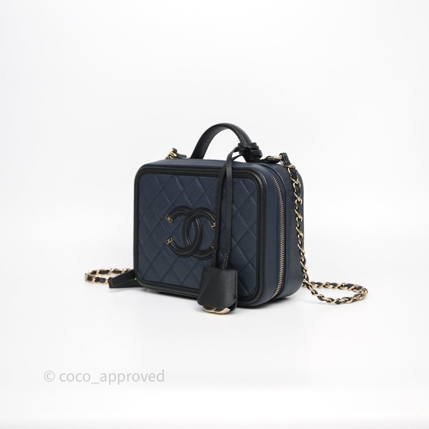 Chanel Quilted Medium CC Filigree Vanity Case Dark Navy Caviar Gold Hardware