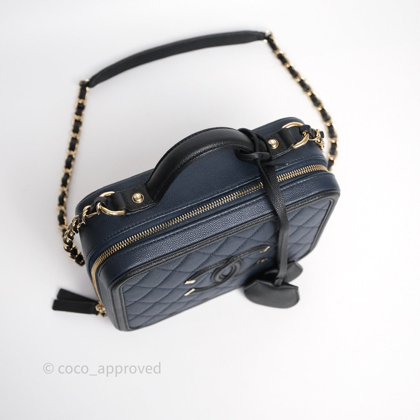 Chanel Quilted Medium CC Filigree Vanity Case Dark Navy Caviar Gold Hardware
