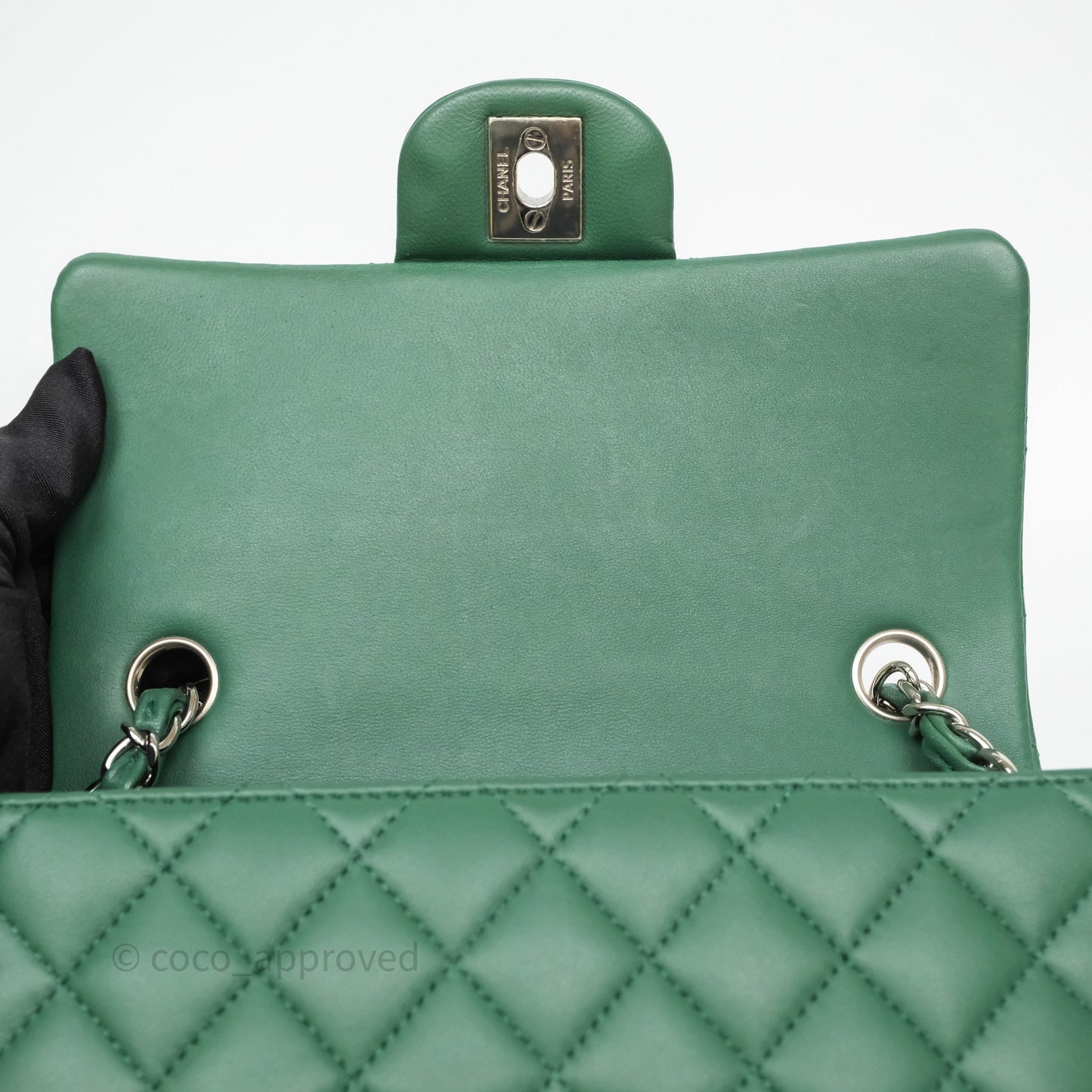 Chanel Quilted Mini Rectangular Green Lambskin Silver Hardware