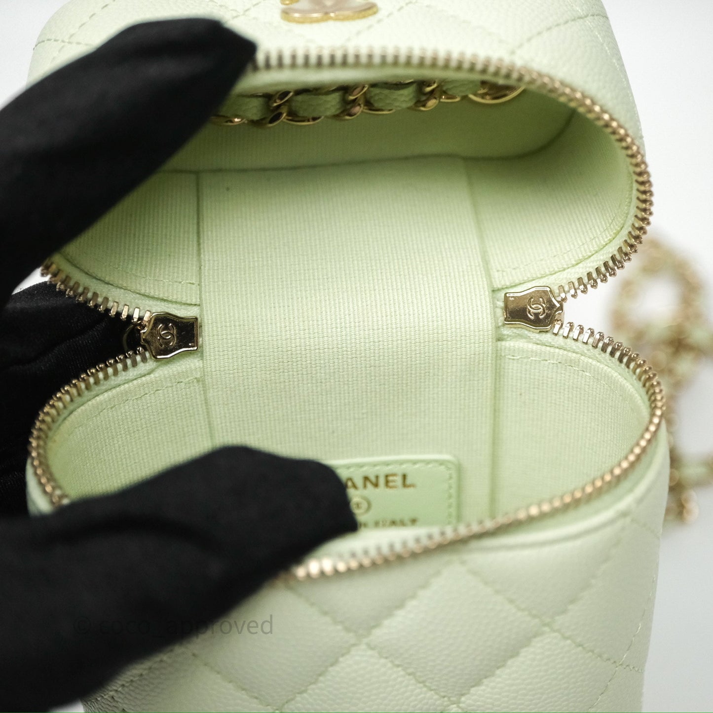 Chanel Vanity Phone Holder With Chain Light Mint Green Caviar Gold Hardware
